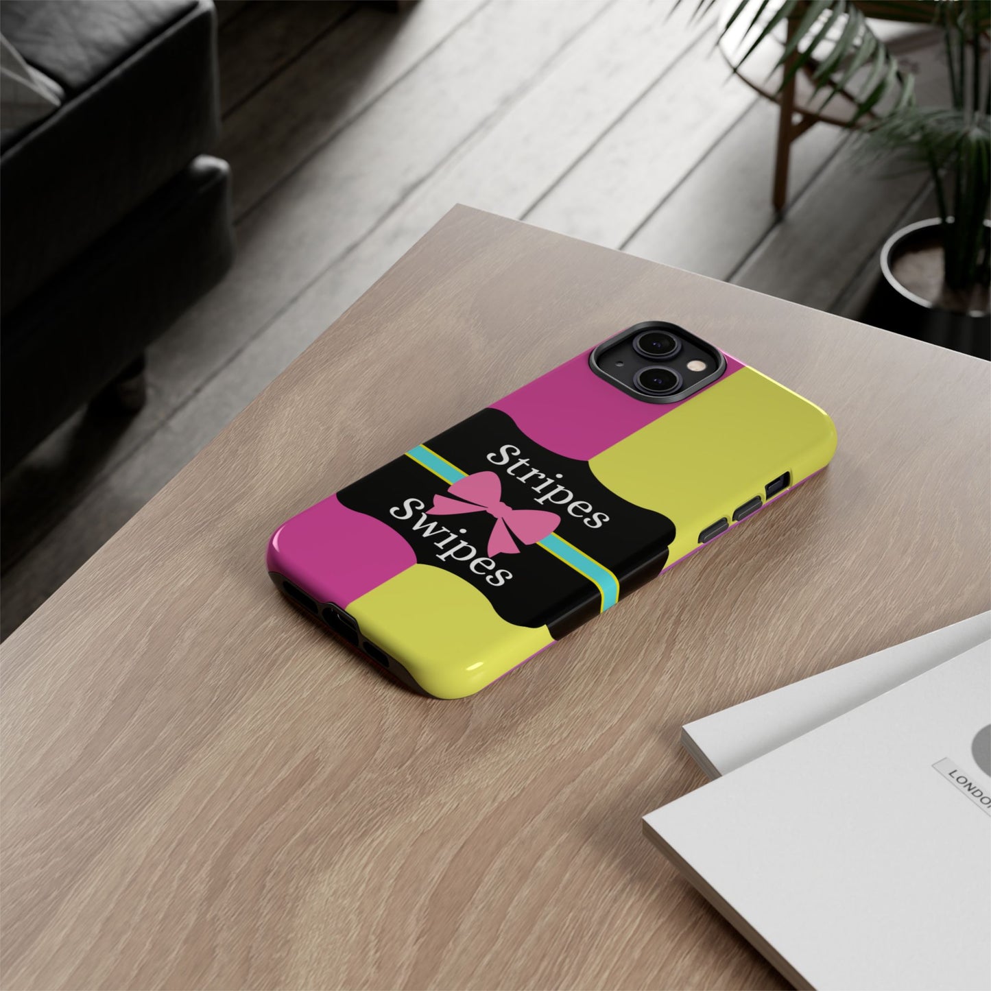 Phone Case iPhone 16/15/14 - Pink/Yellow Stripes & Swipes Tough Case