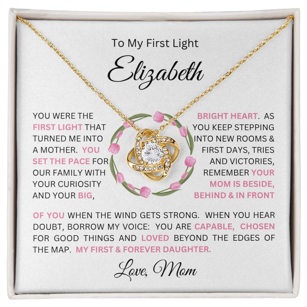 To My Daughter(s) — Beautiful Love Knot Necklace & PERSONALIZED Heartwarming Message from Mom (Only, First-Born, Second, Third, Fourth, Fifth, or Twins)