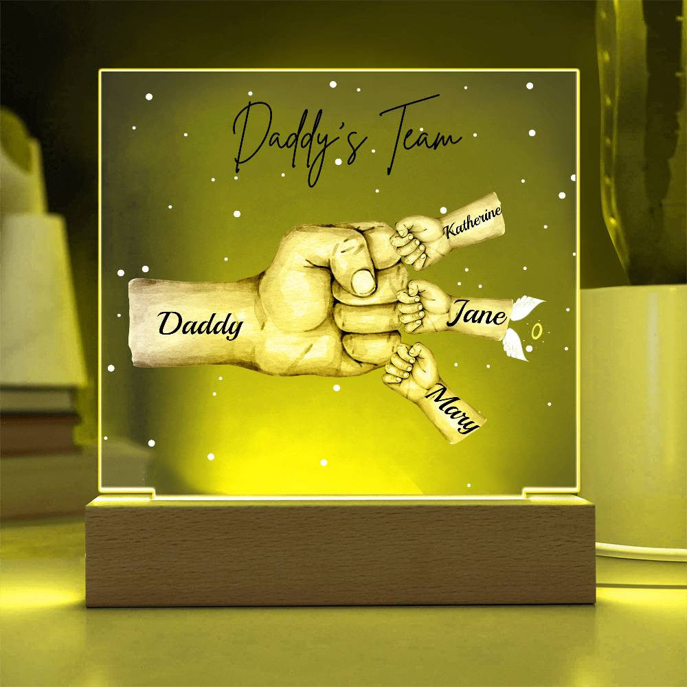 Personalized Daddy's Team Square Acrylic Plaque with Wooden Base or LED Light