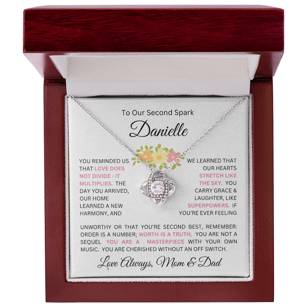 To Our Daughter(s) — Beautiful Love Knot Necklace & PERSONALIZED Heartwarming Message from Mom & Dad (Only, First-Born, Second, Third, Fourth, Fifth, or Twins)