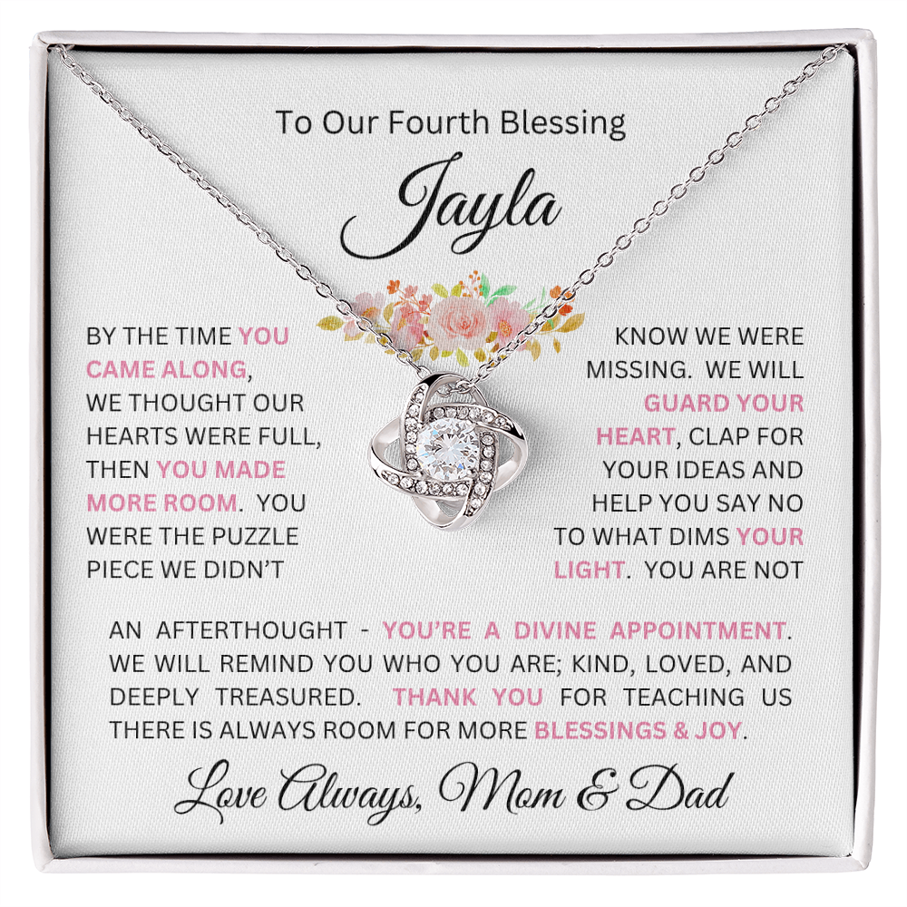 To Our Daughter(s) — Beautiful Love Knot Necklace & PERSONALIZED Heartwarming Message from Mom & Dad (Only, First-Born, Second, Third, Fourth, Fifth, or Twins)