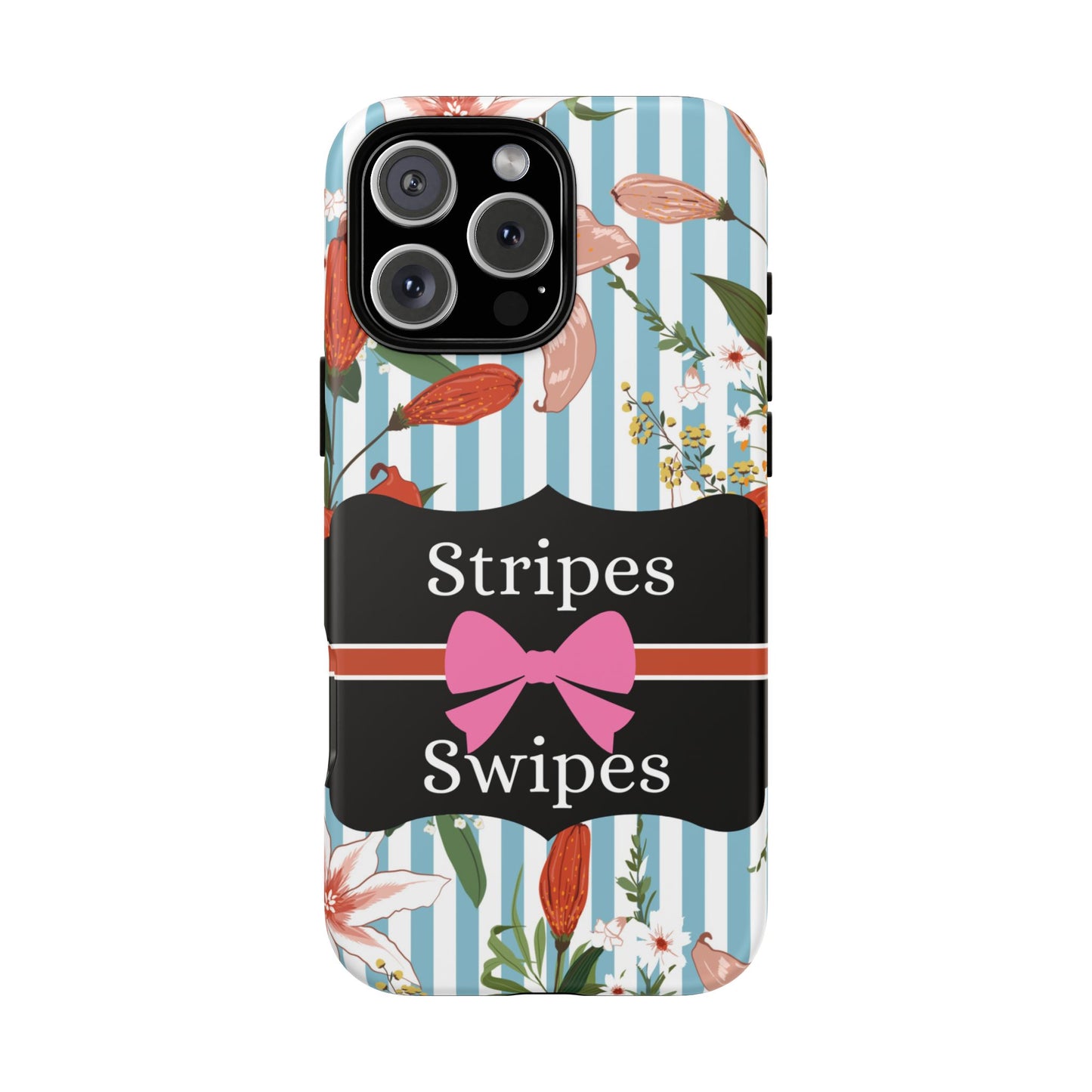 Phone Case iPhone 16/15/14 - Blue/White Flowers Stripes & Swipes Tough Case