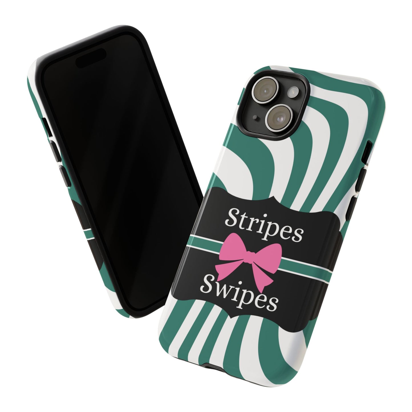 Phone Case iPhone 16/15/14 - Wavy Green/White Stripes & Swipes Tough Case