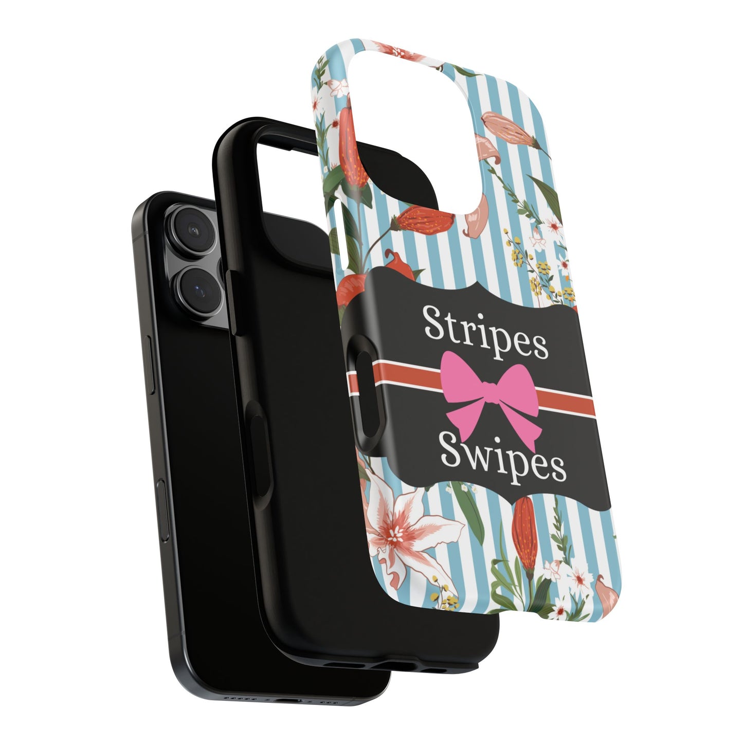 Phone Case iPhone 16/15/14 - Blue/White Flowers Stripes & Swipes Tough Case