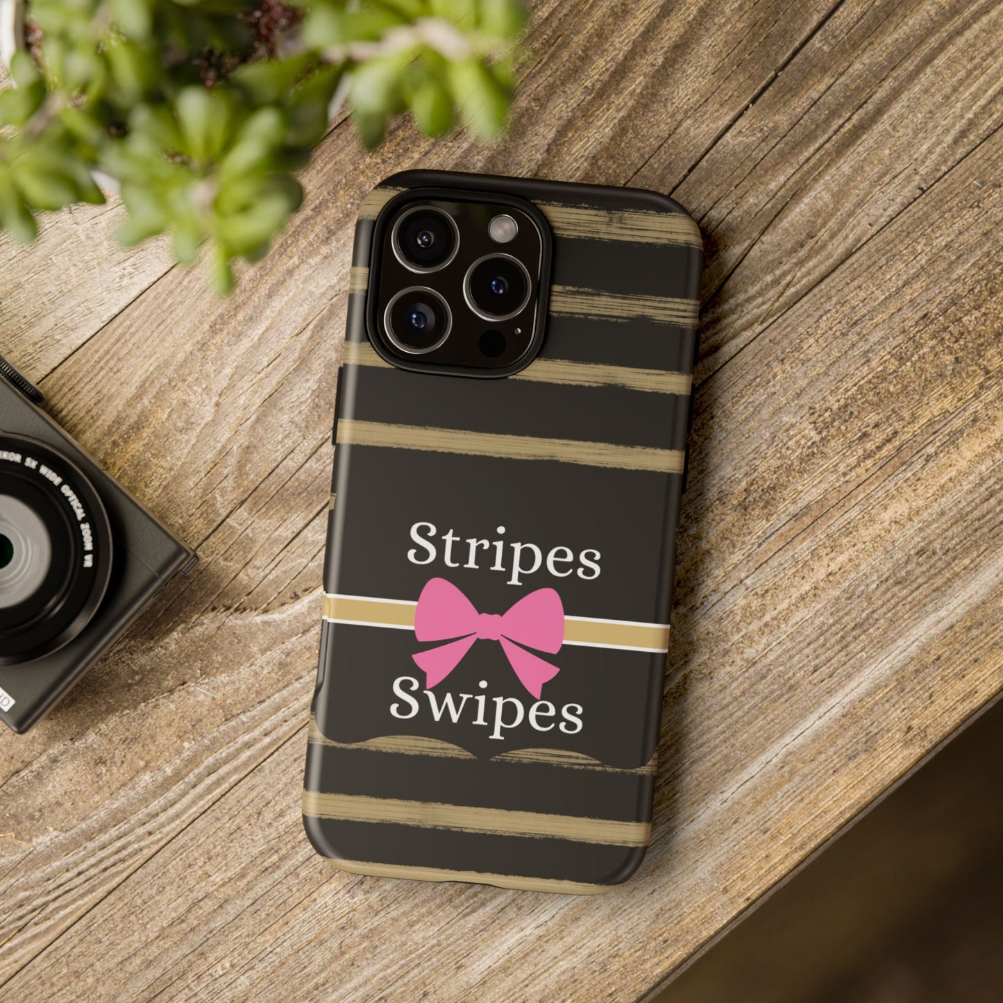 Phone Case iPhone 16/15/14 - Black/Beige Stripes & Swipes Tough Case