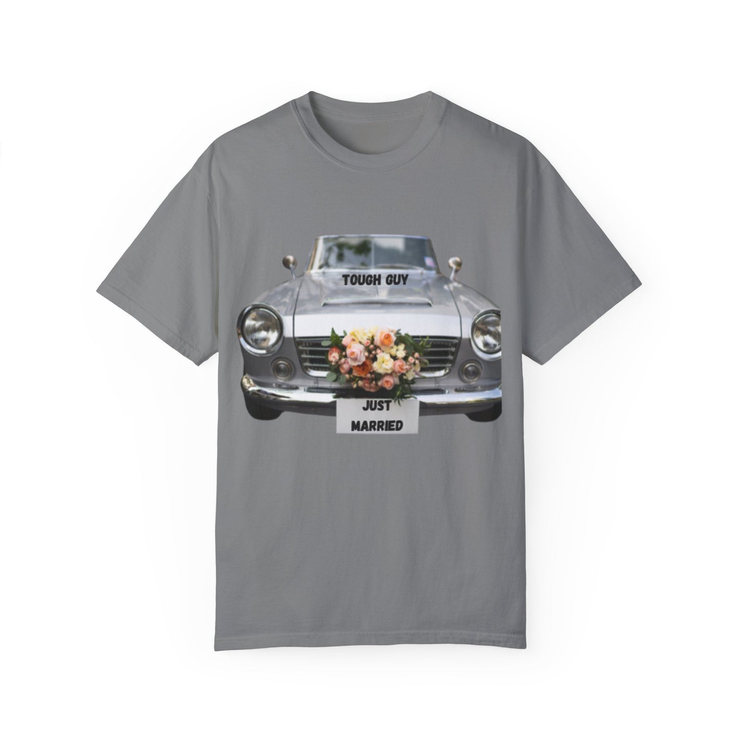 Men's T-Shirt Tough Guy Car with Just Married Flowers Design