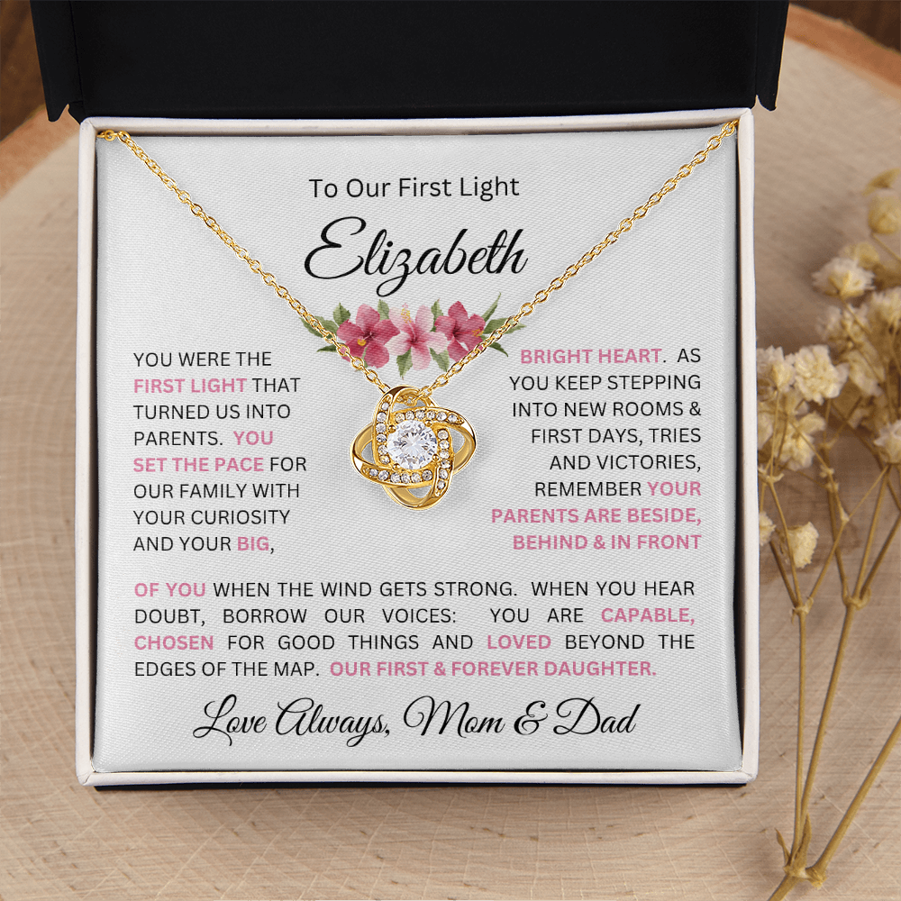 To Our Daughter(s) — Beautiful Love Knot Necklace & PERSONALIZED Heartwarming Message from Mom & Dad (Only, First-Born, Second, Third, Fourth, Fifth, or Twins)