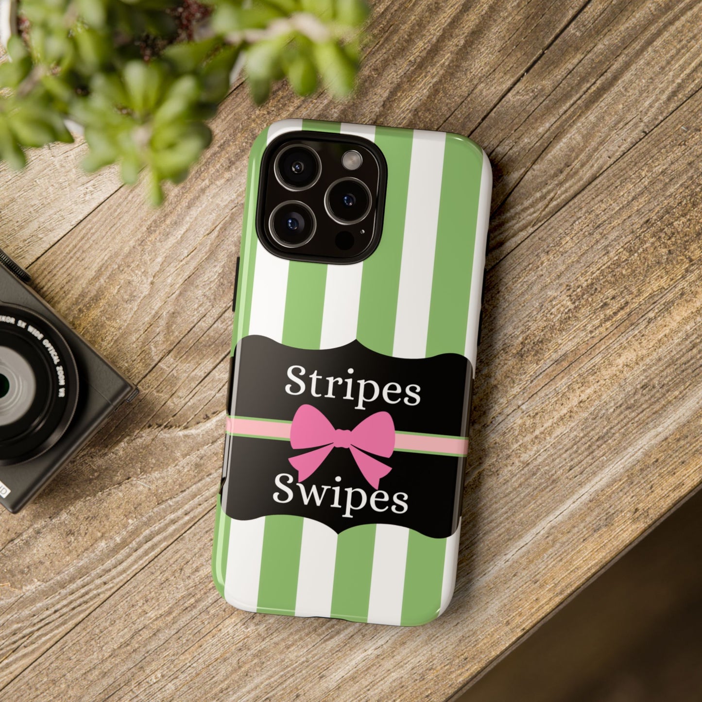 Phone Case iPhone 16/15/14 - Green/White Stripes & Swipes Tough Case