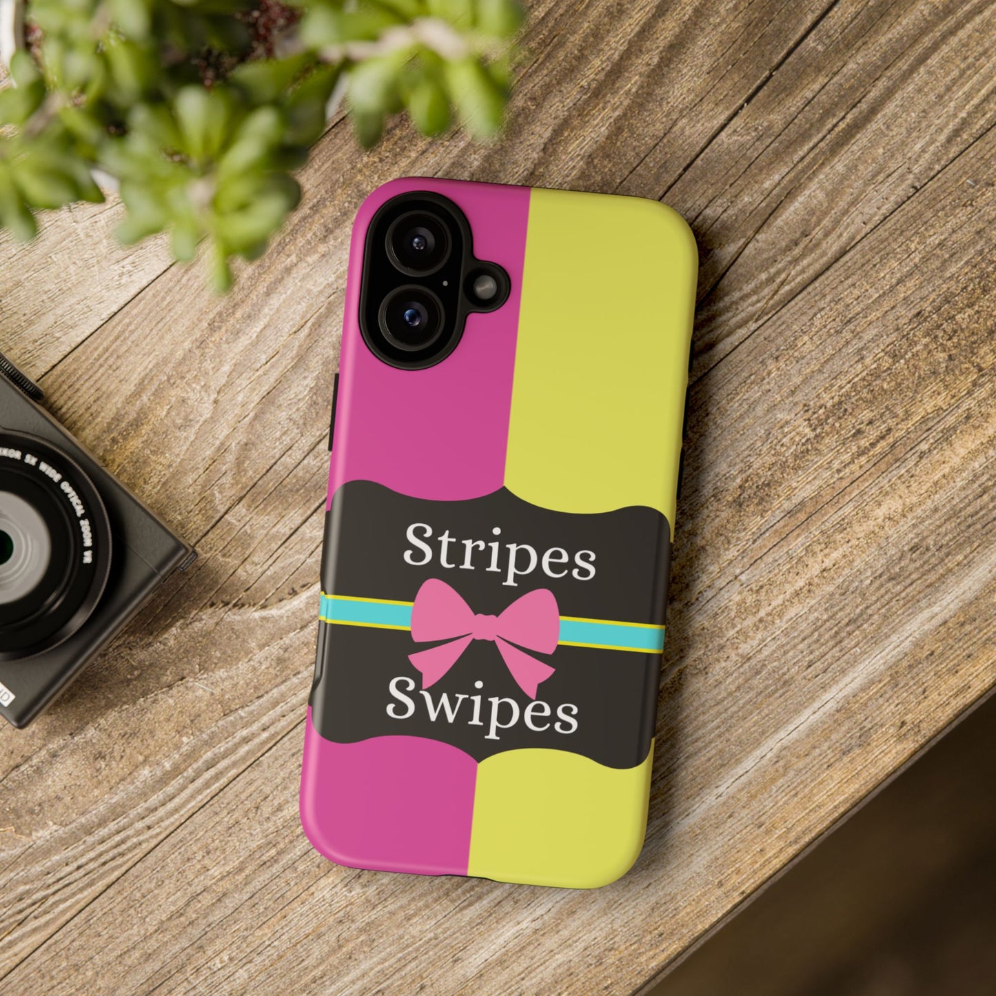 Phone Case iPhone 16/15/14 - Pink/Yellow Stripes & Swipes Tough Case