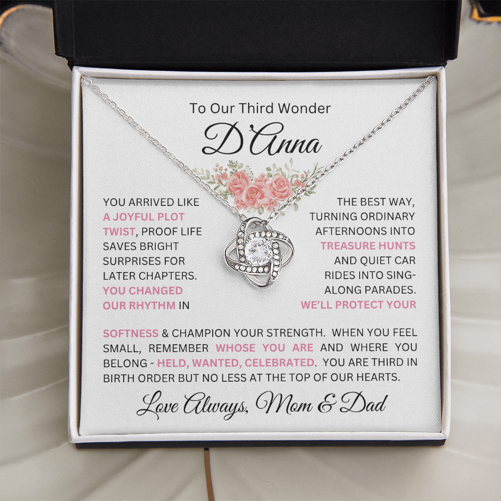 To Our Daughter(s) — Beautiful Love Knot Necklace & PERSONALIZED Heartwarming Message from Mom & Dad (Only, First-Born, Second, Third, Fourth, Fifth, or Twins)