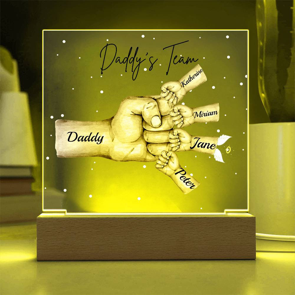 Personalized Daddy's Team Square Acrylic Plaque with Wooden Base or LED Light