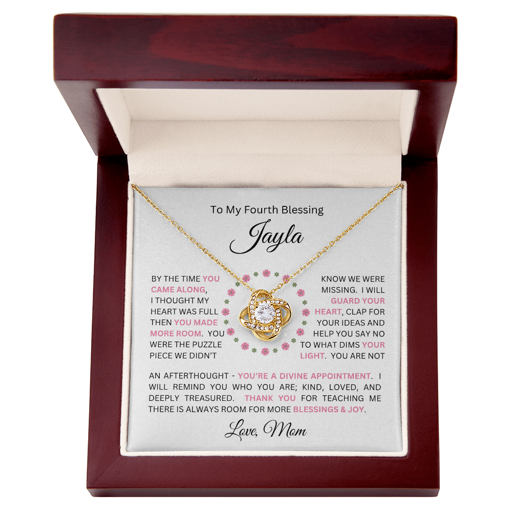 To My Daughter(s) — Beautiful Love Knot Necklace & PERSONALIZED Heartwarming Message from Mom (Only, First-Born, Second, Third, Fourth, Fifth, or Twins)