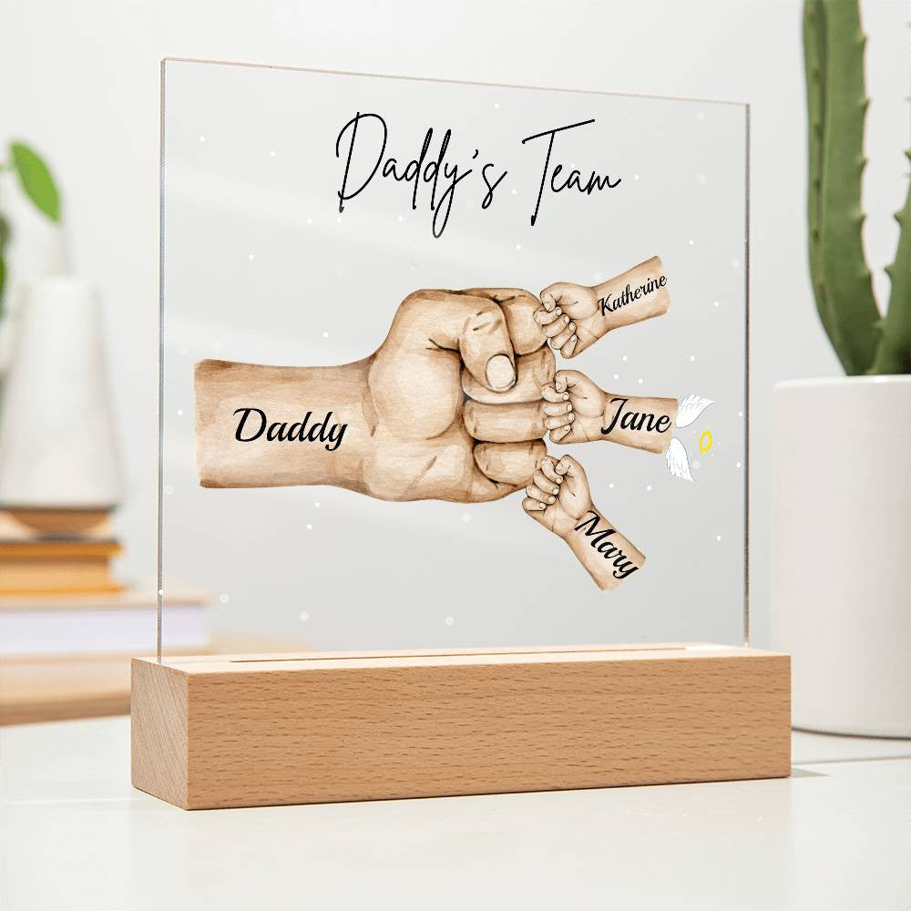 Personalized Daddy's Team Square Acrylic Plaque with Wooden Base or LED Light