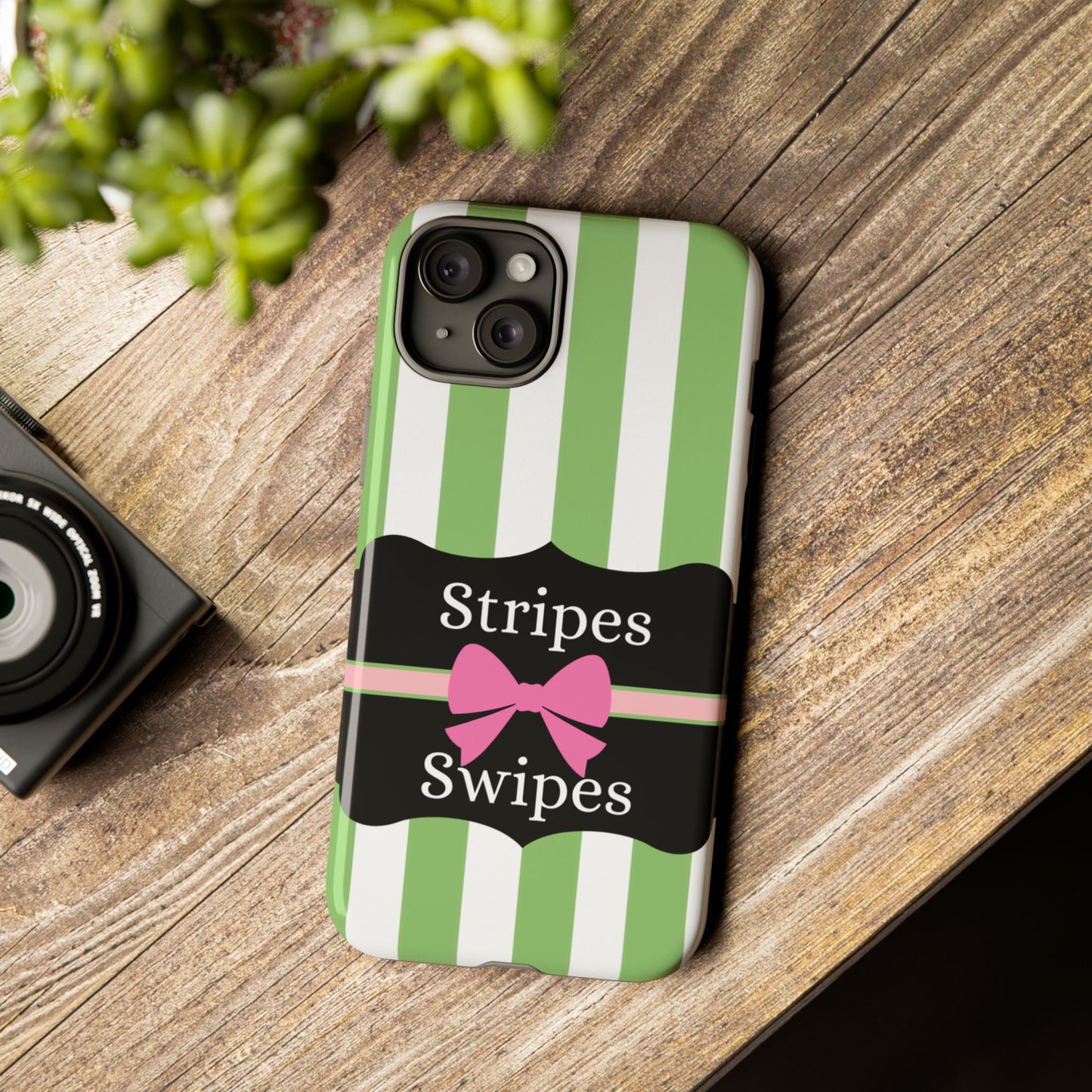 Phone Case iPhone 16/15/14 - Green/White Stripes & Swipes Tough Case