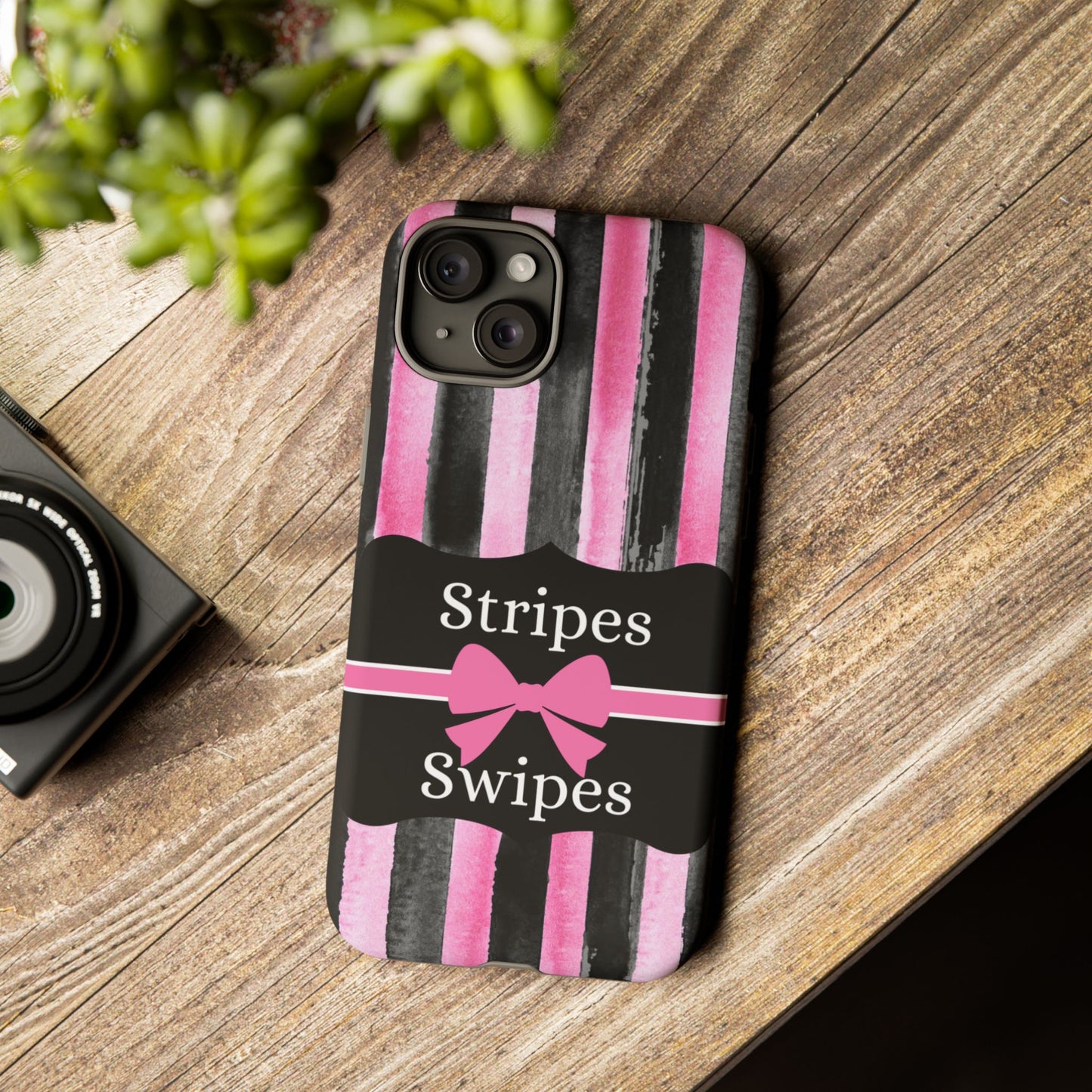 Phone Case iPhone 16/15/14 - Black/Pink Stripes & Swipes Tough Case