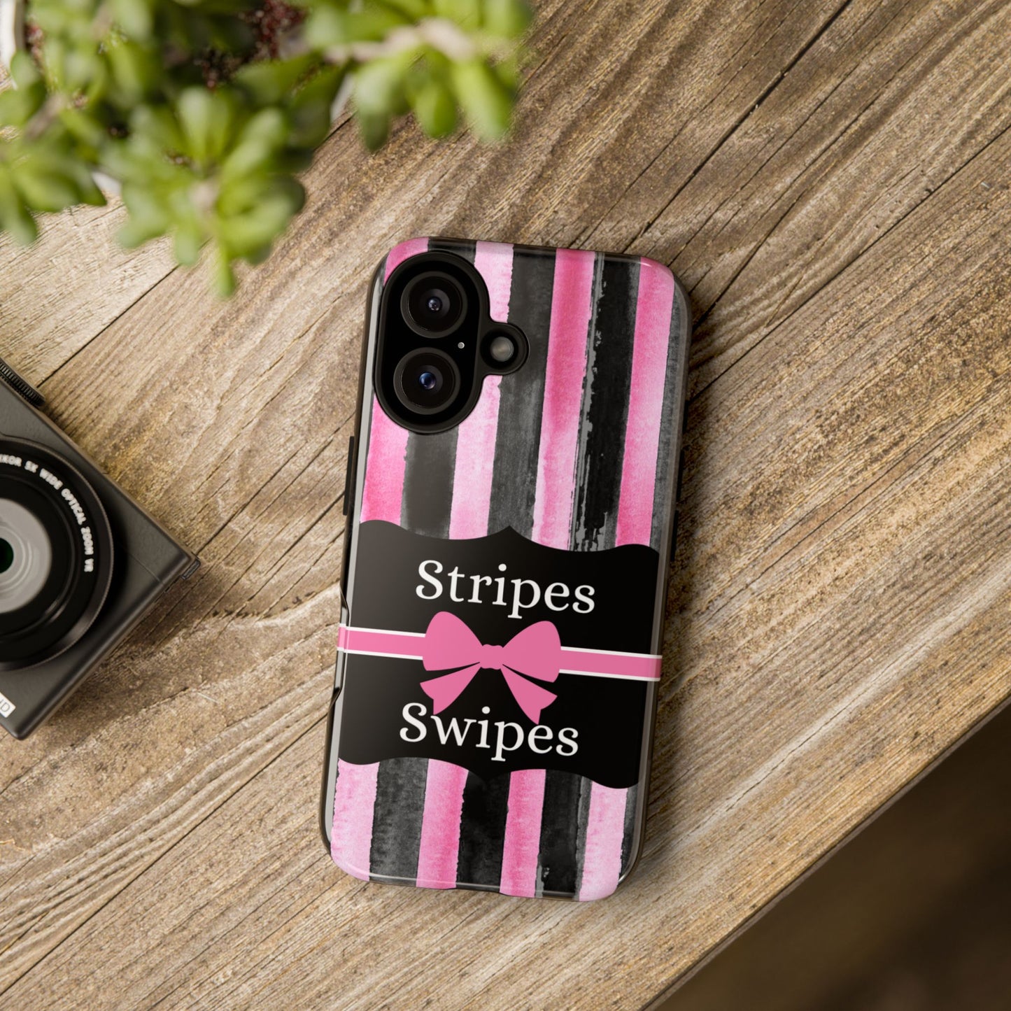 Phone Case iPhone 16/15/14 - Black/Pink Stripes & Swipes Tough Case