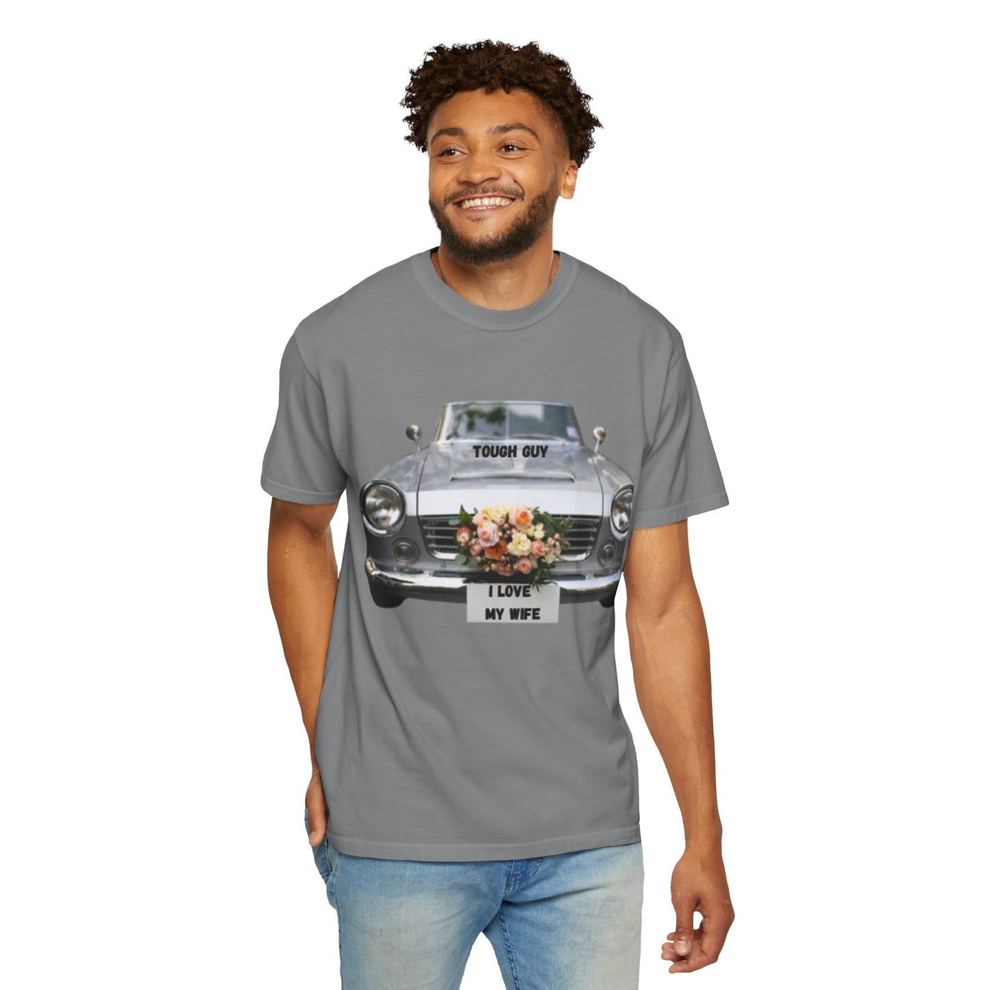 Men's T-Shirt Tough Guy Car with I Love My Wife Flowers Design