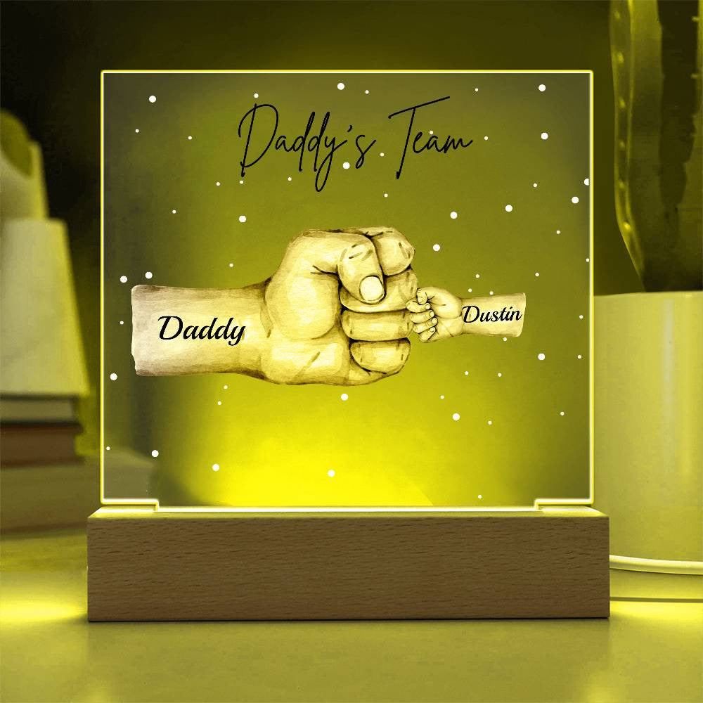 Personalized Daddy's Team Square Acrylic Plaque with Wooden Base or LED Light