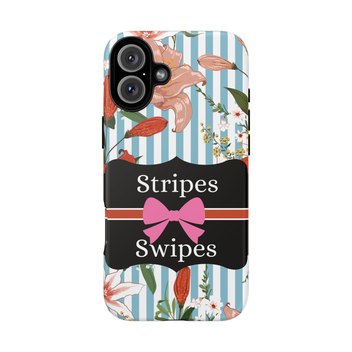 Phone Case iPhone 16/15/14 - Blue/White Flowers Stripes & Swipes Tough Case