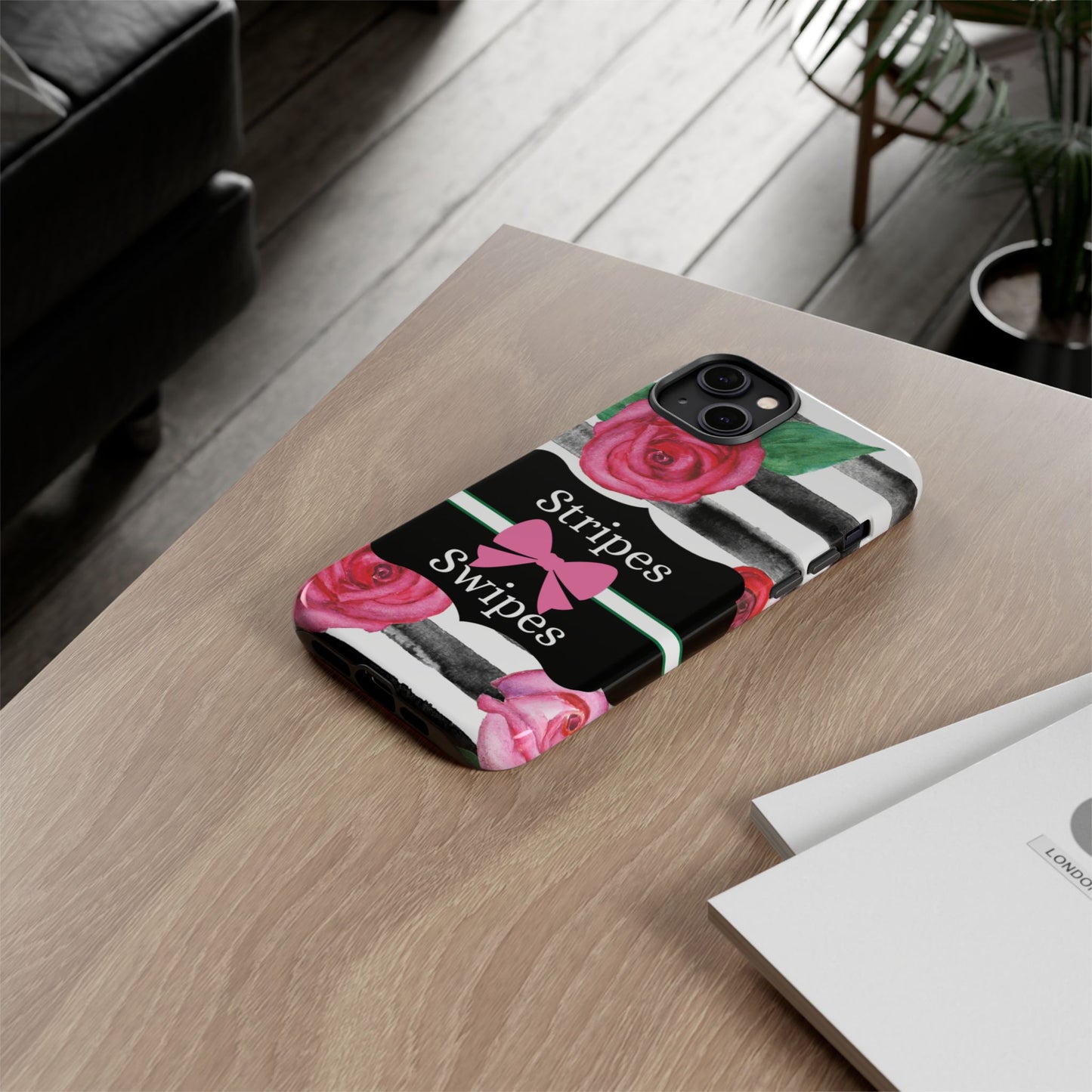 Phone Case iPhone 16/15/14 - Black/White Rose Stripes & Swipes Tough Case