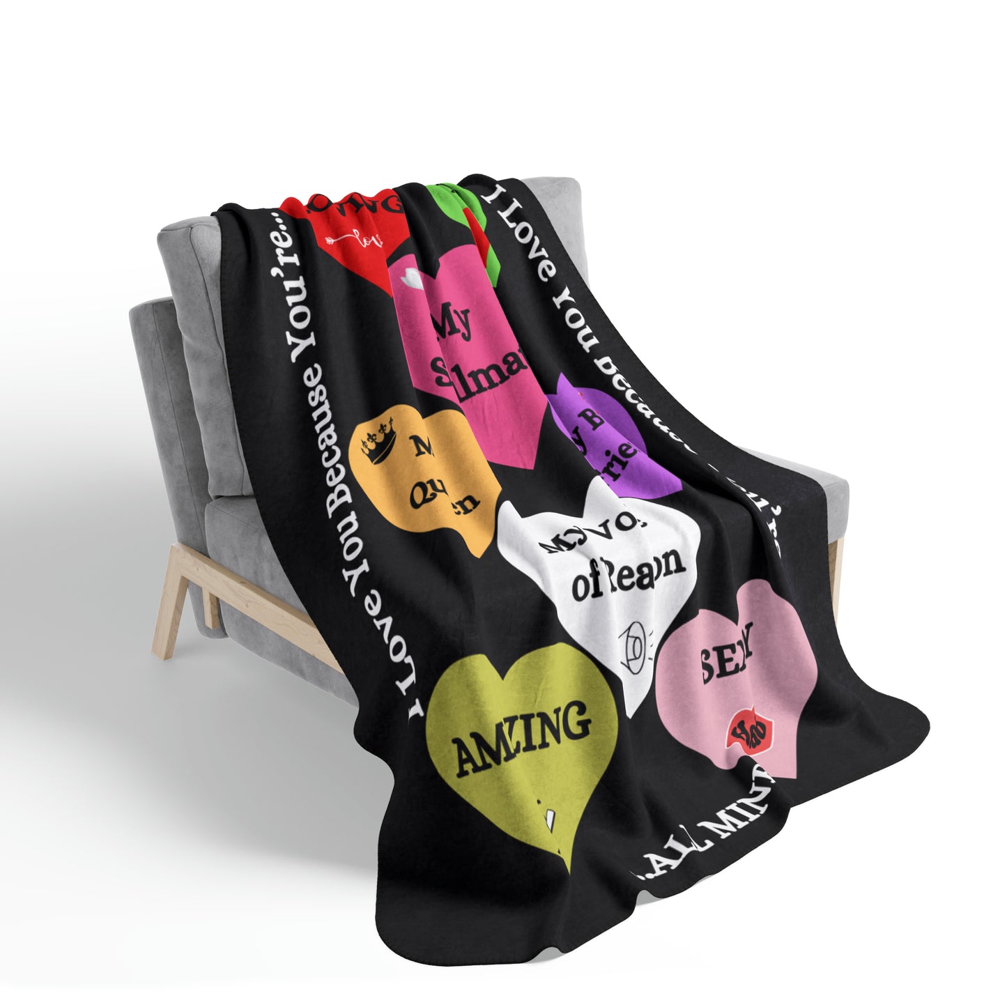 I Love You Because Fleece Sherpa Blanket of Hearts - Black 50x60