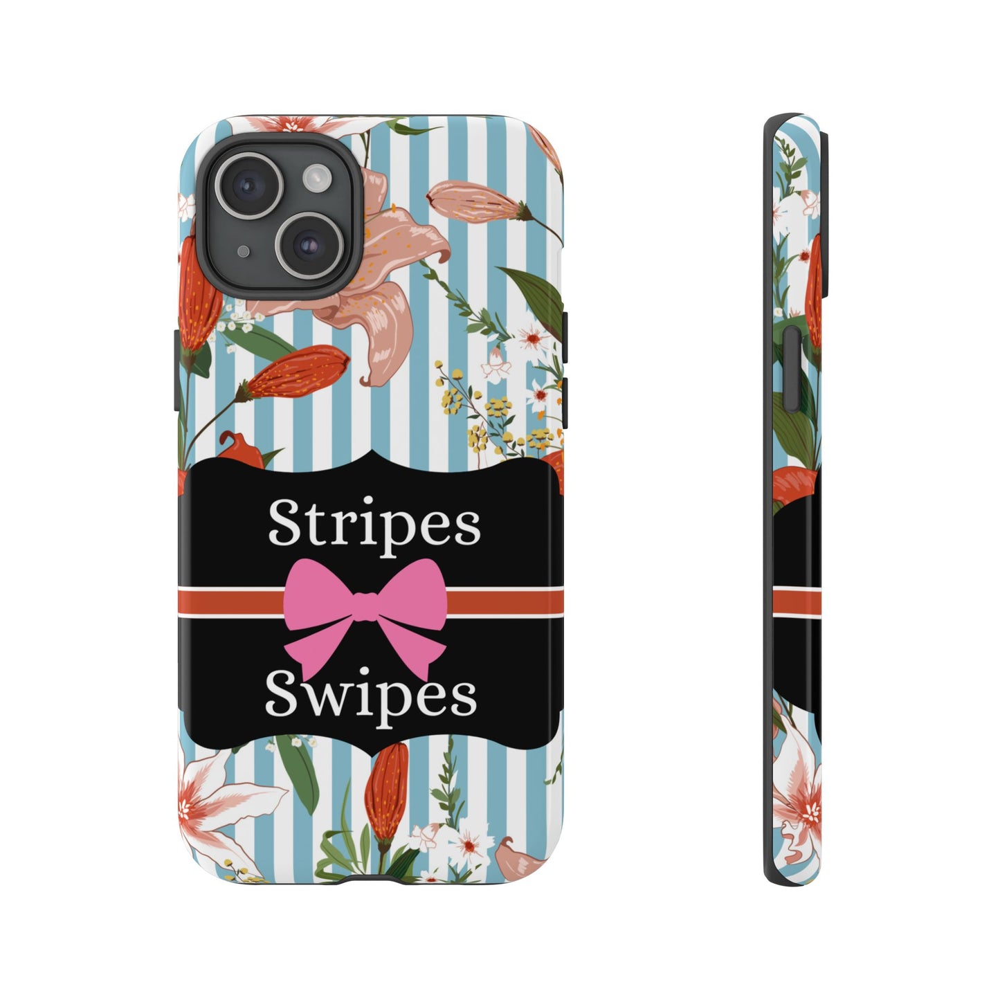 Phone Case iPhone 16/15/14 - Blue/White Flowers Stripes & Swipes Tough Case