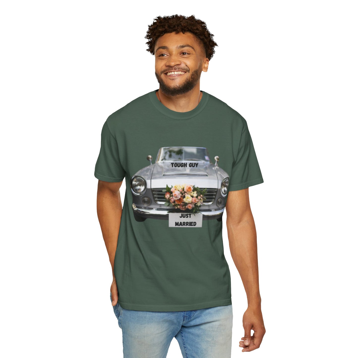 Men's T-Shirt Tough Guy Car with Just Married Flowers Design