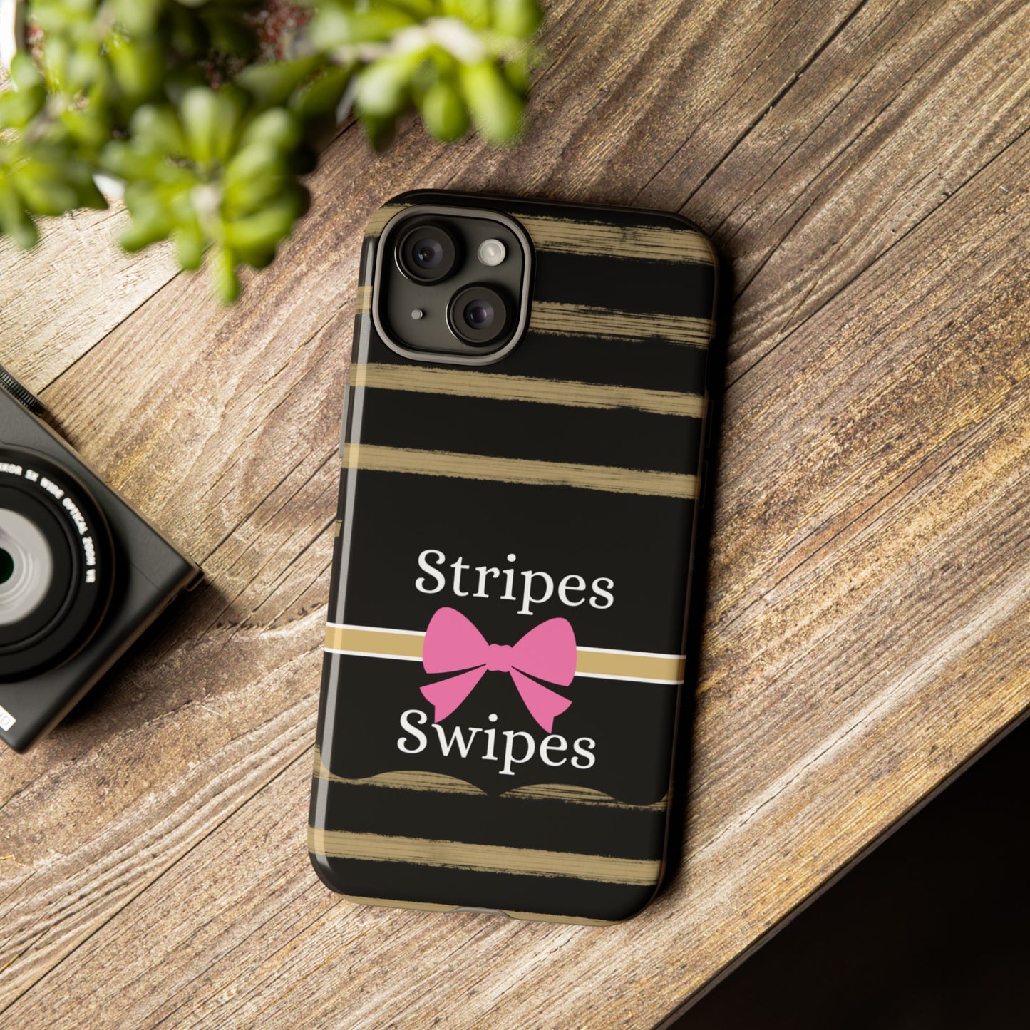 Phone Case iPhone 16/15/14 - Black/Beige Stripes & Swipes Tough Case