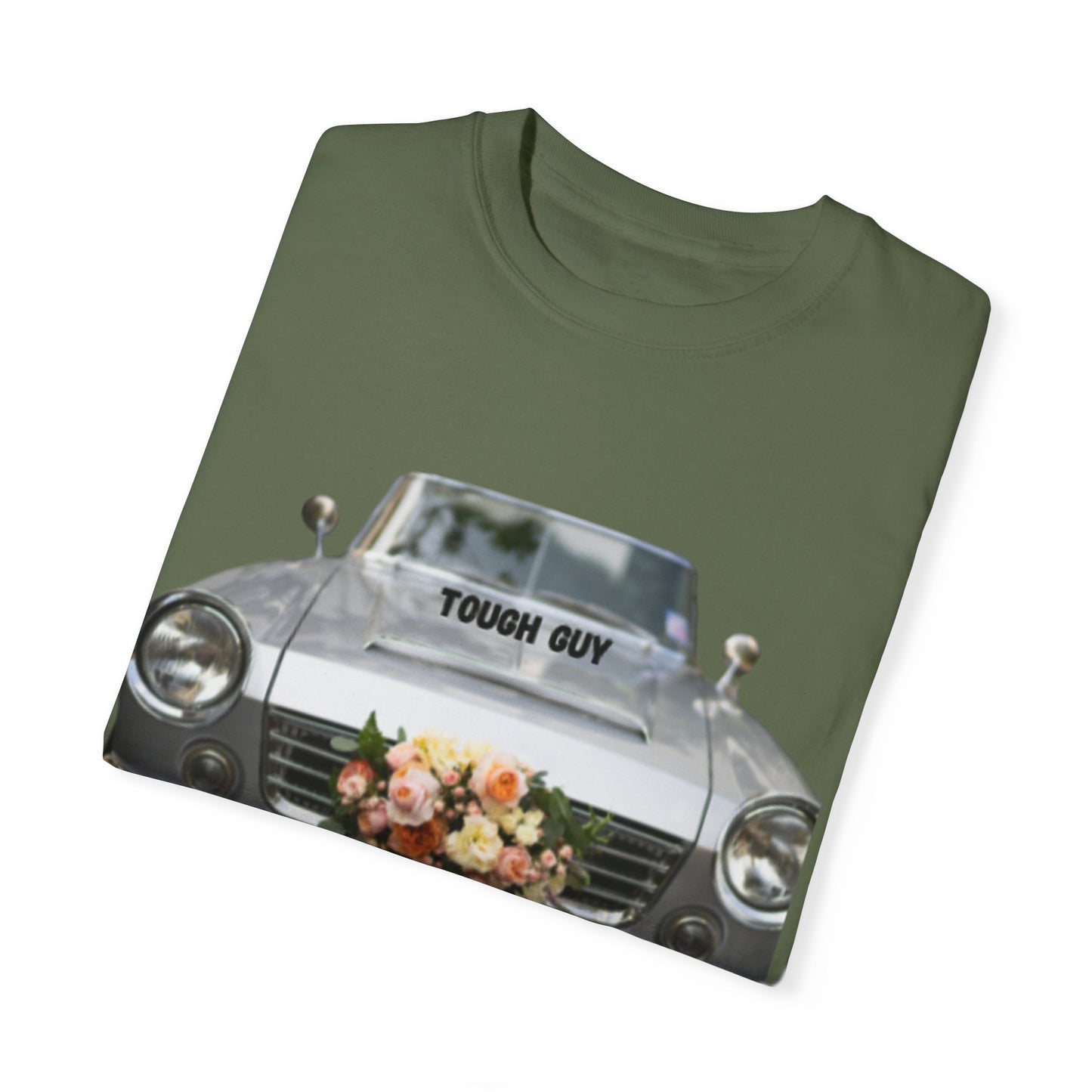 Men's T-Shirt Tough Guy Car with Just Married Flowers Design