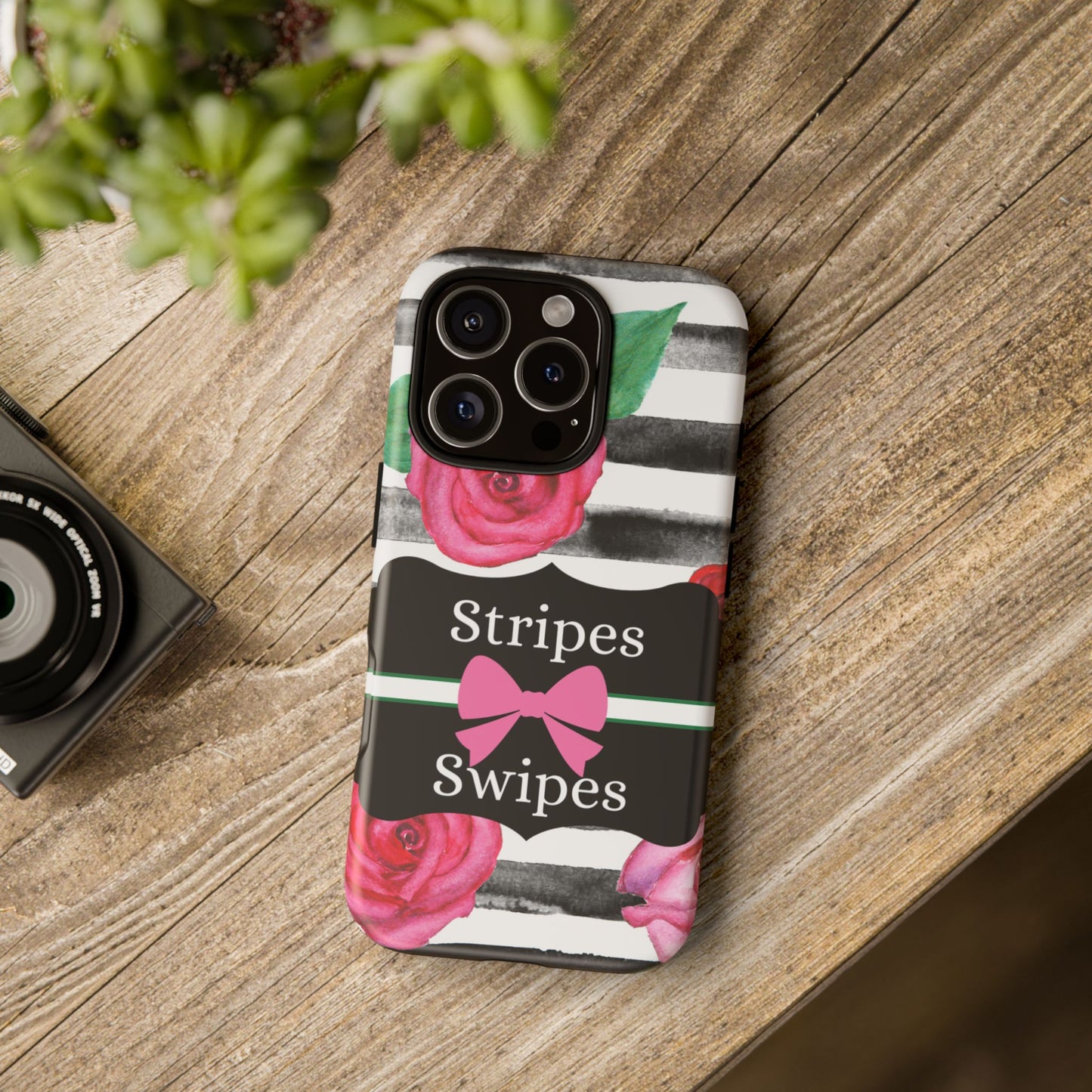 Phone Case iPhone 16/15/14 - Black/White Rose Stripes & Swipes Tough Case