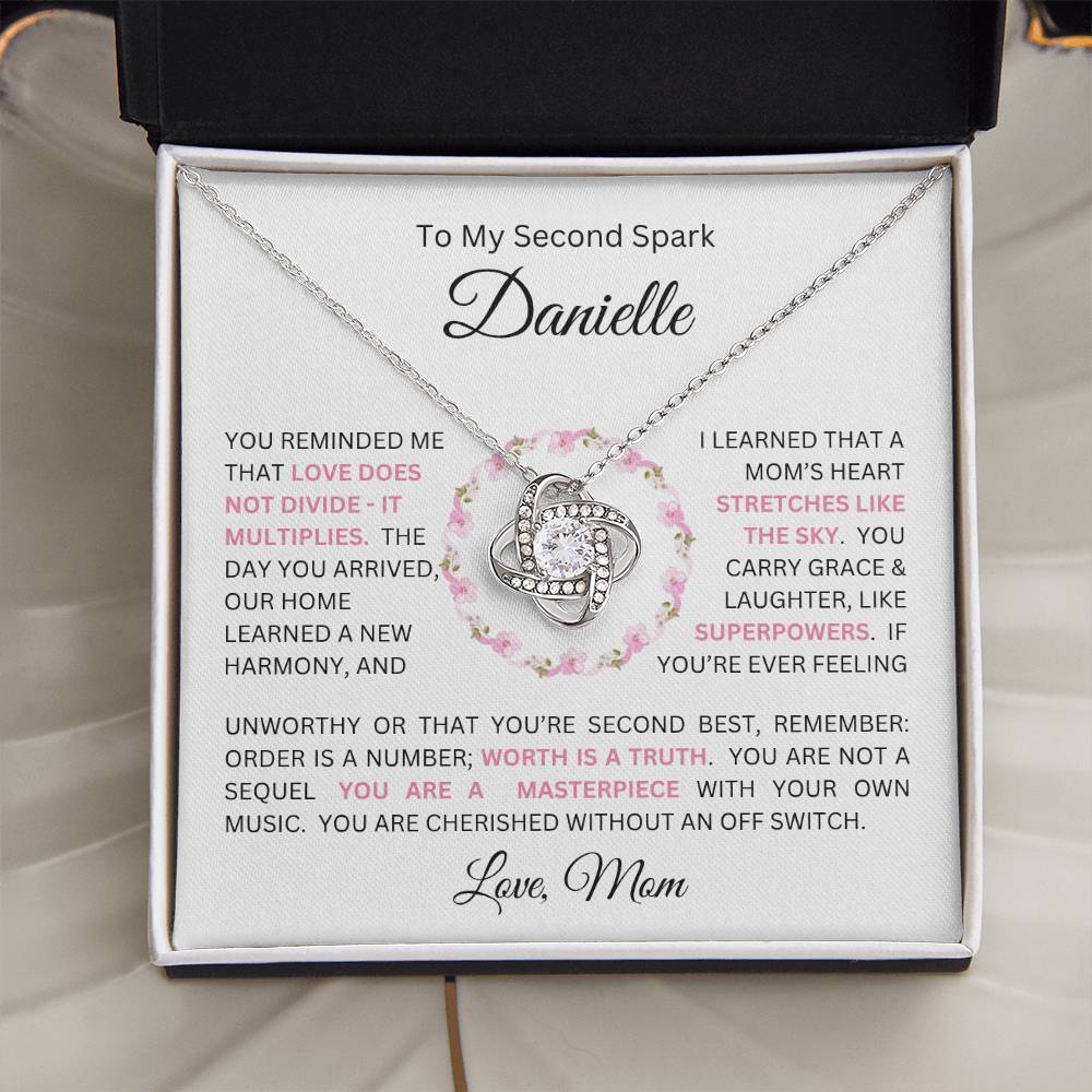 To My Daughter(s) — Beautiful Love Knot Necklace & PERSONALIZED Heartwarming Message from Mom (Only, First-Born, Second, Third, Fourth, Fifth, or Twins)