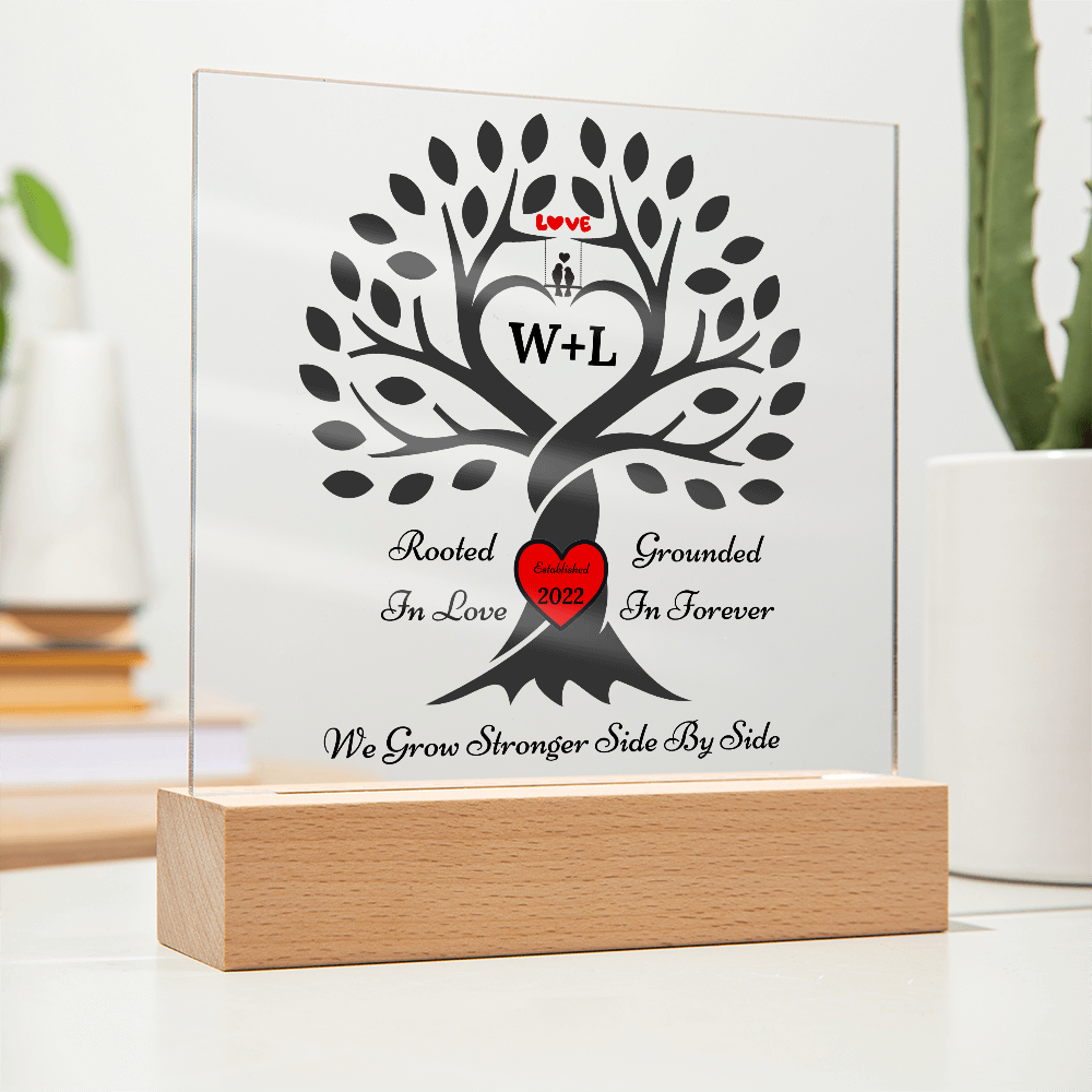 Personalized Love Birds “Rooted in Love” Tree Couple Night Light – Custom Initials & Year on Wood-Base Acrylic Lamp