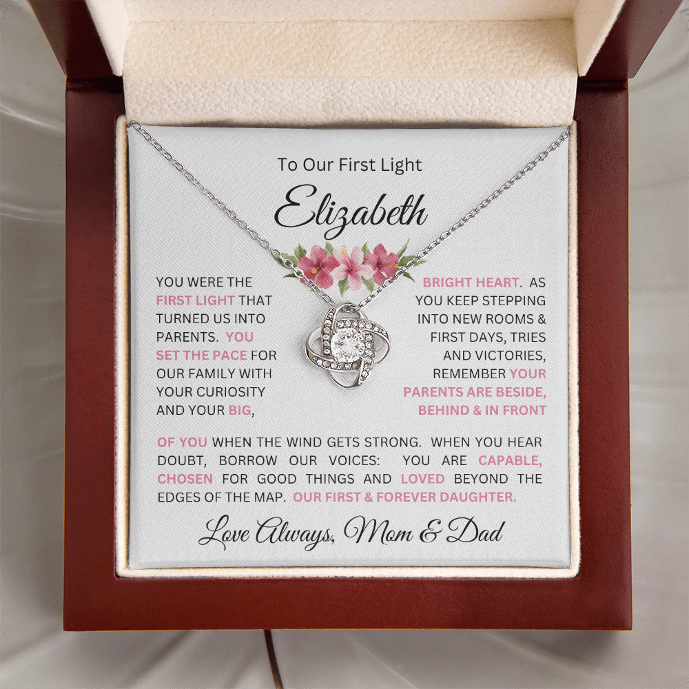 To Our Daughter(s) — Beautiful Love Knot Necklace & PERSONALIZED Heartwarming Message from Mom & Dad (Only, First-Born, Second, Third, Fourth, Fifth, or Twins)