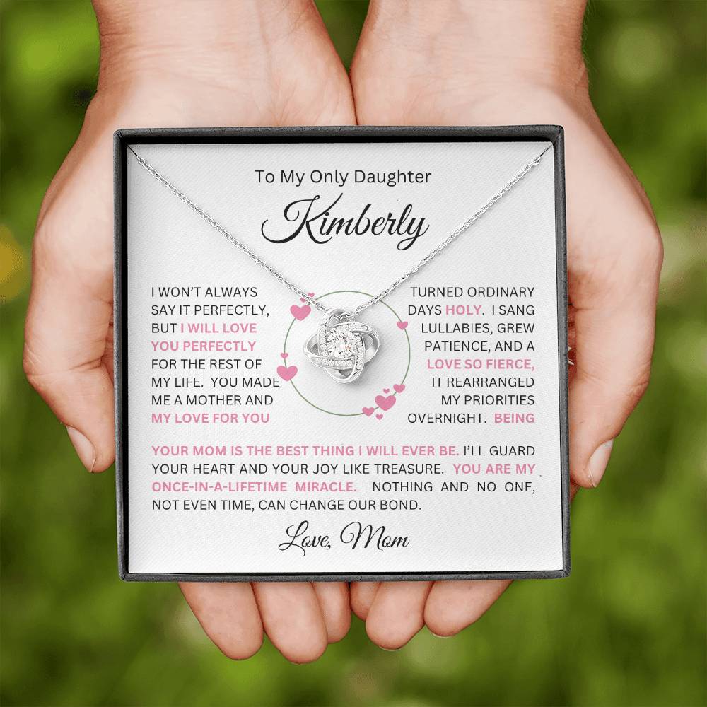 To My Daughter(s) — Beautiful Love Knot Necklace & PERSONALIZED Heartwarming Message from Mom (Only, First-Born, Second, Third, Fourth, Fifth, or Twins)