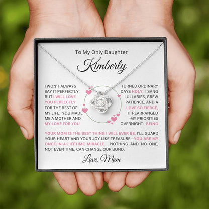 To My Daughter(s) — Beautiful Love Knot Necklace & PERSONALIZED Heartwarming Message from Mom (Only, First-Born, Second, Third, Fourth, Fifth, or Twins)