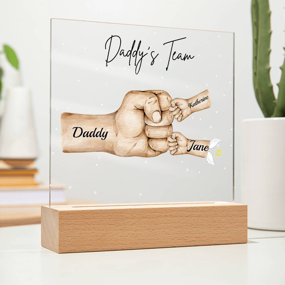 Personalized Daddy's Team Square Acrylic Plaque with Wooden Base or LED Light