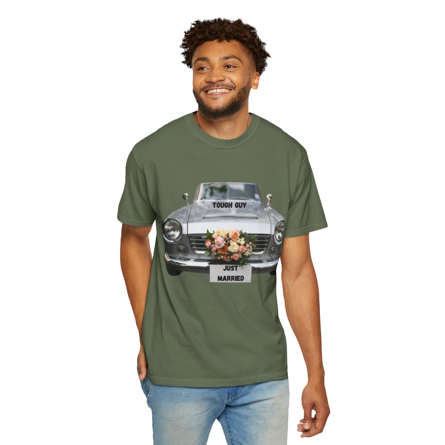 Men's T-Shirt Tough Guy Car with Just Married Flowers Design