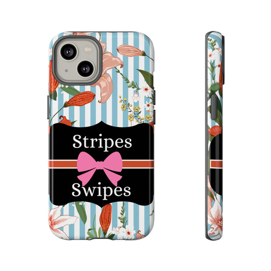 Phone Case iPhone 16/15/14 - Blue/White Flowers Stripes & Swipes Tough Case