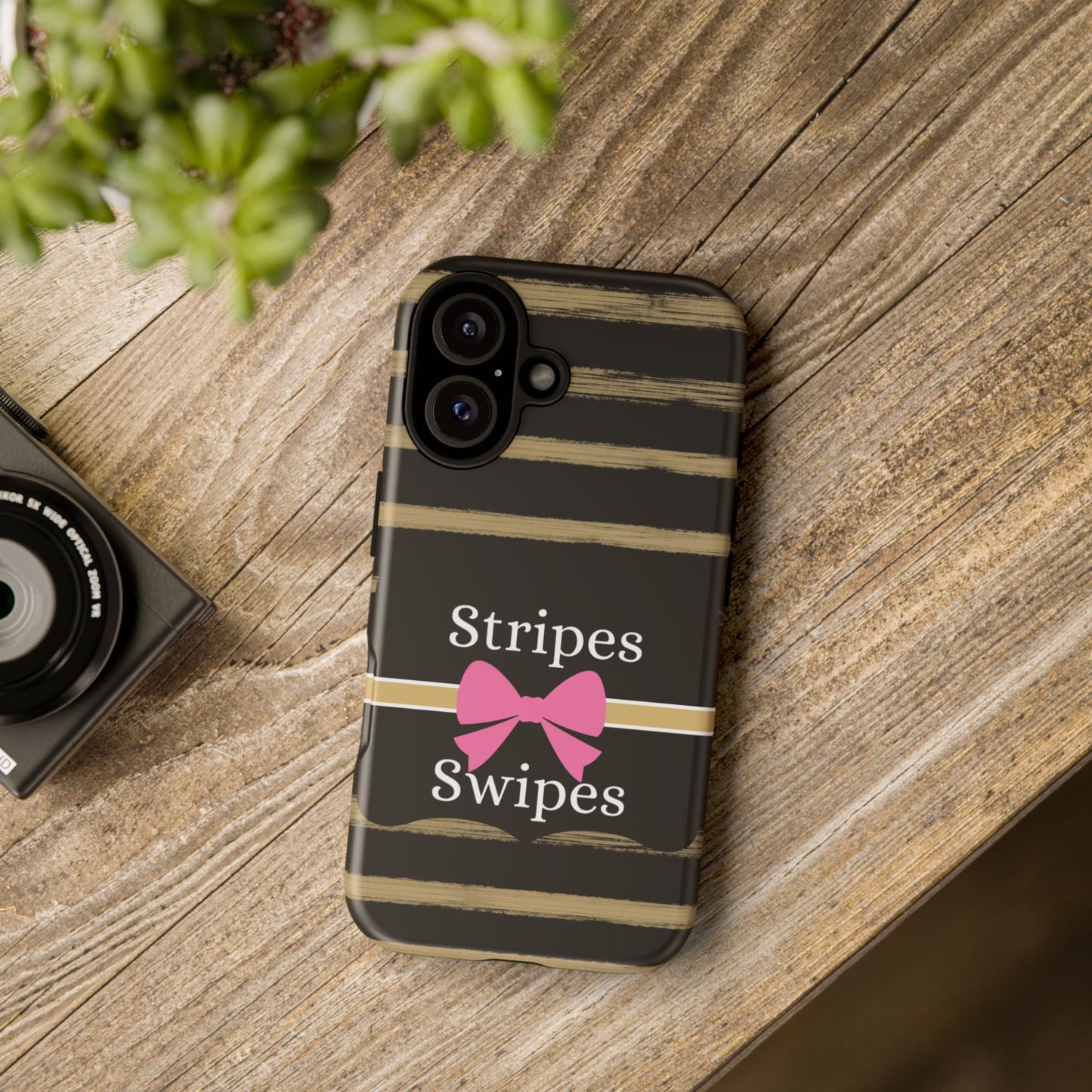 Phone Case iPhone 16/15/14 - Black/Beige Stripes & Swipes Tough Case