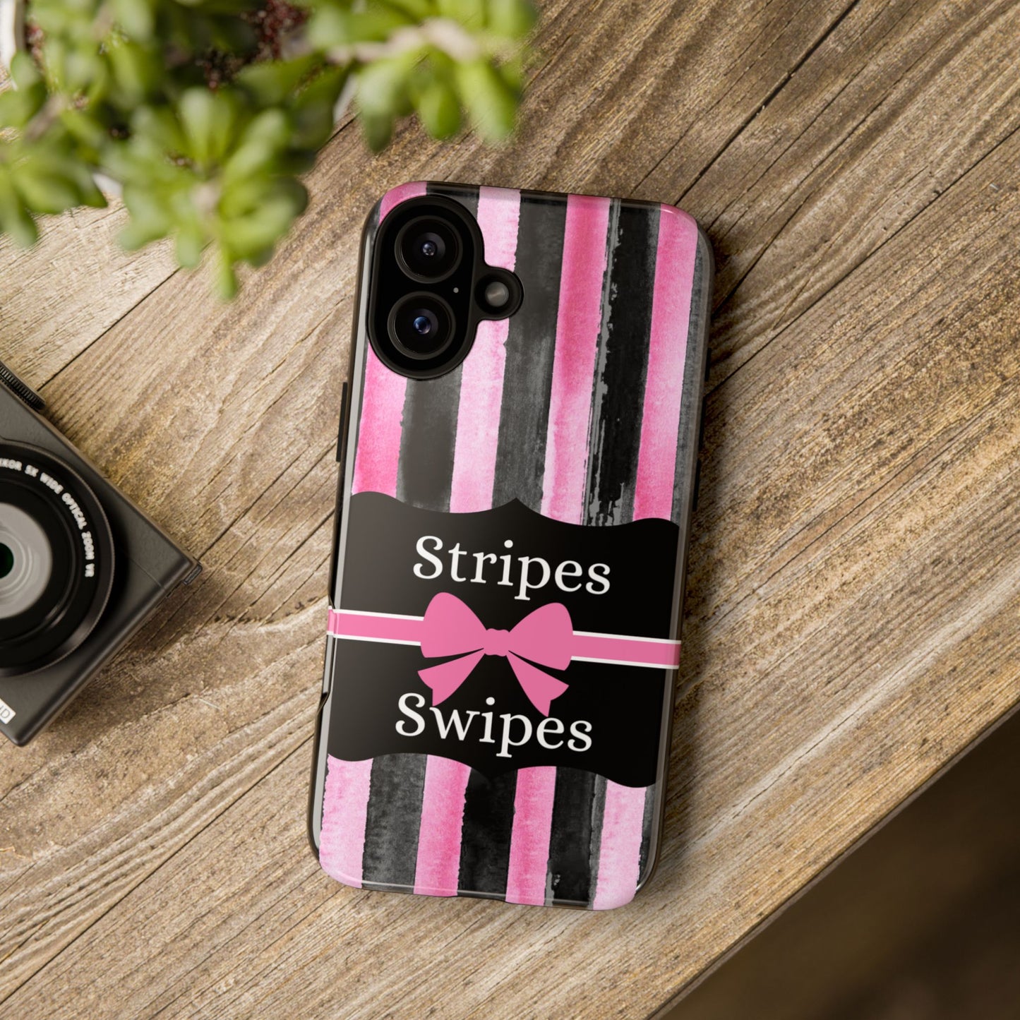 Phone Case iPhone 16/15/14 - Black/Pink Stripes & Swipes Tough Case