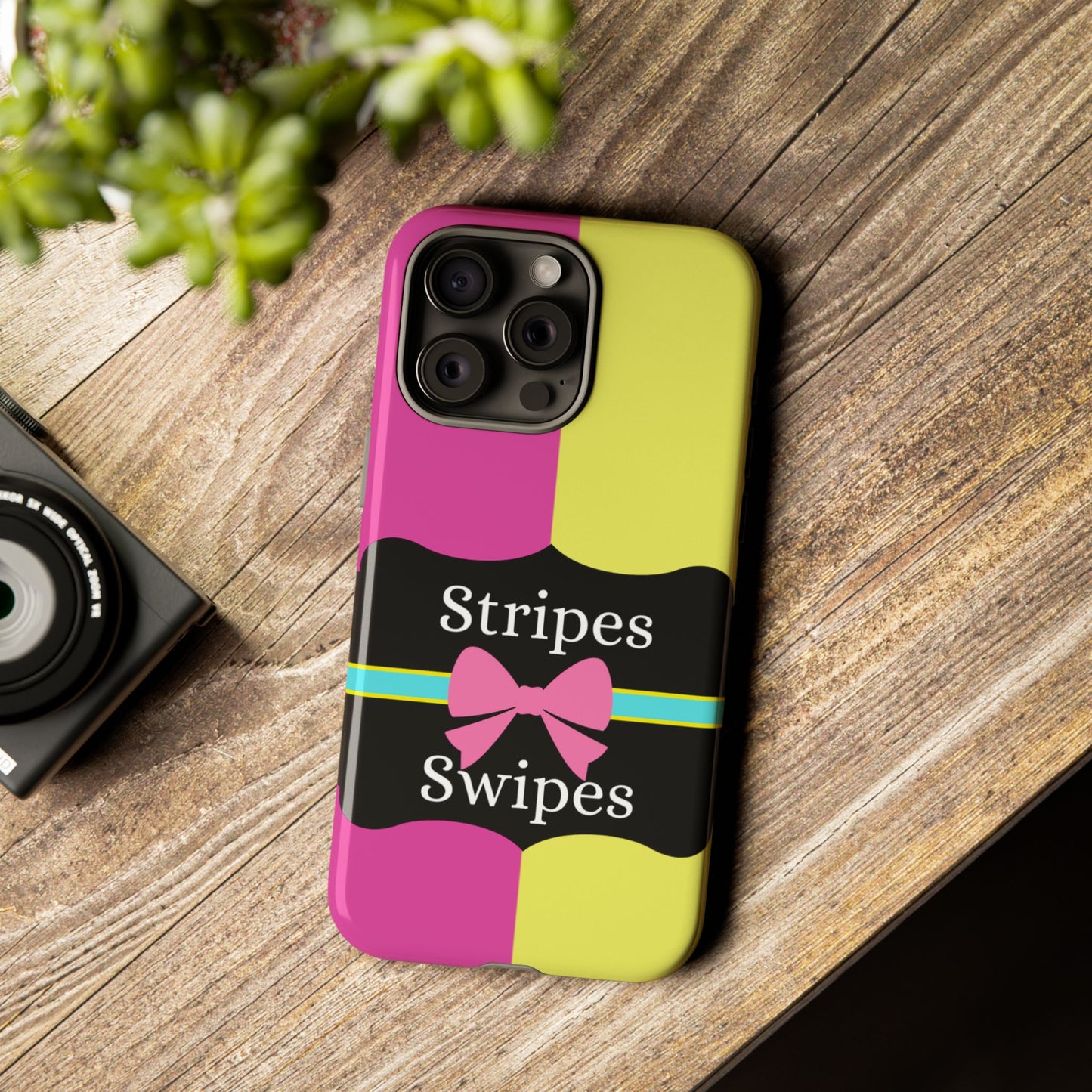 Phone Case iPhone 16/15/14 - Pink/Yellow Stripes & Swipes Tough Case