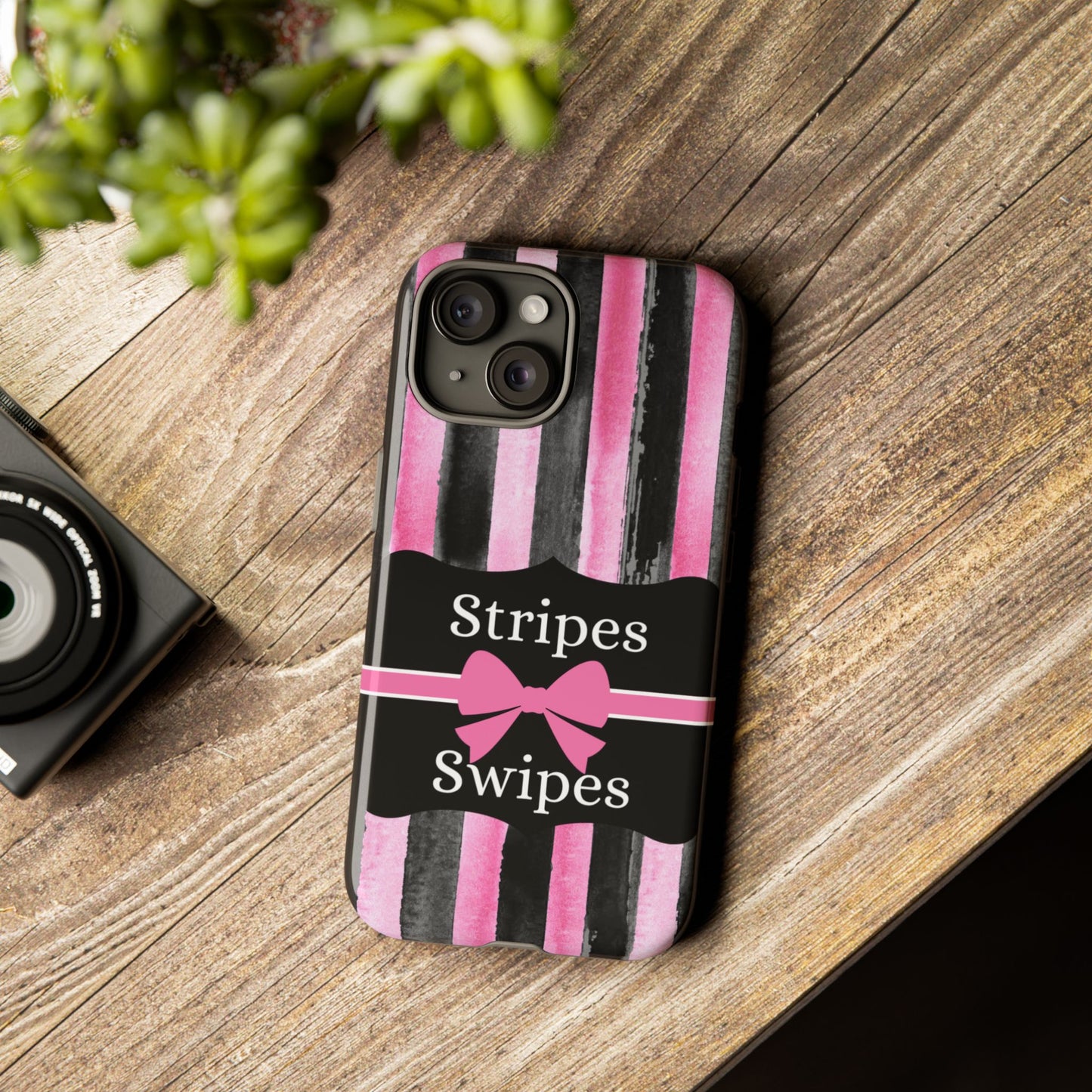 Phone Case iPhone 16/15/14 - Black/Pink Stripes & Swipes Tough Case