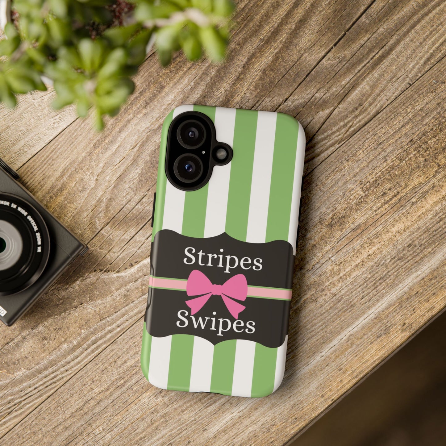 Phone Case iPhone 16/15/14 - Green/White Stripes & Swipes Tough Case