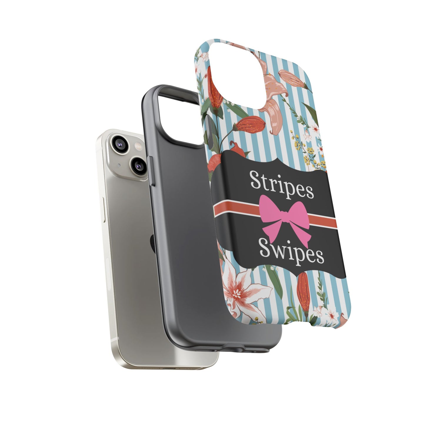 Phone Case iPhone 16/15/14 - Blue/White Flowers Stripes & Swipes Tough Case