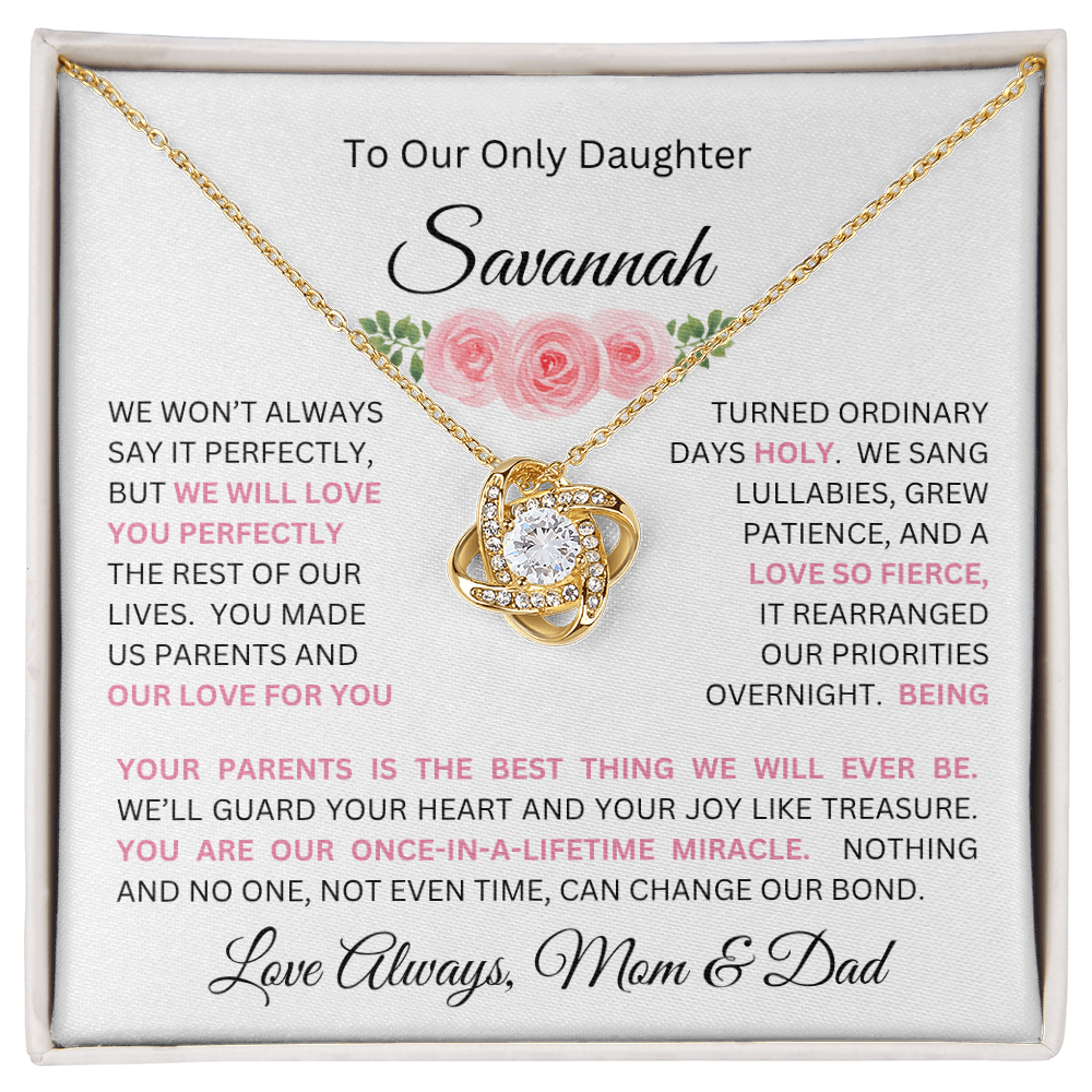 To Our Daughter(s) — Beautiful Love Knot Necklace & PERSONALIZED Heartwarming Message from Mom & Dad (Only, First-Born, Second, Third, Fourth, Fifth, or Twins)