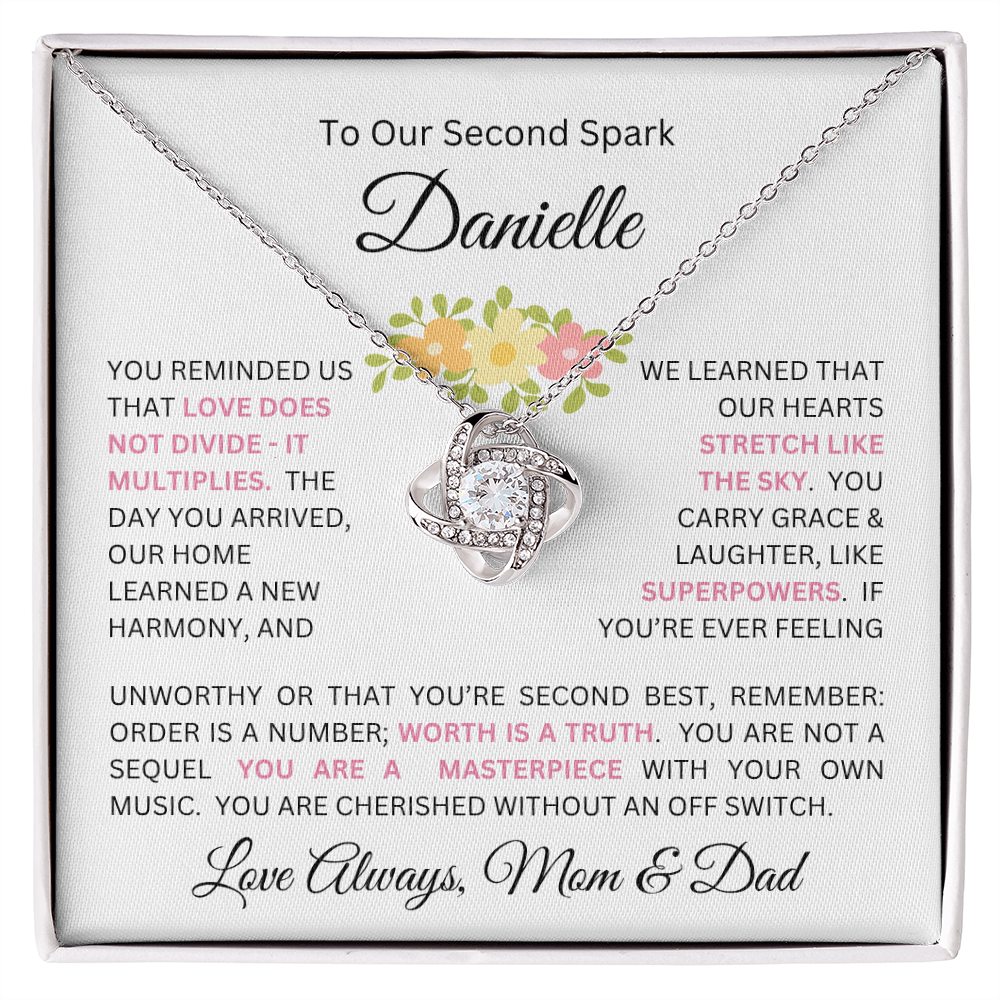 To Our Daughter(s) — Beautiful Love Knot Necklace & PERSONALIZED Heartwarming Message from Mom & Dad (Only, First-Born, Second, Third, Fourth, Fifth, or Twins)