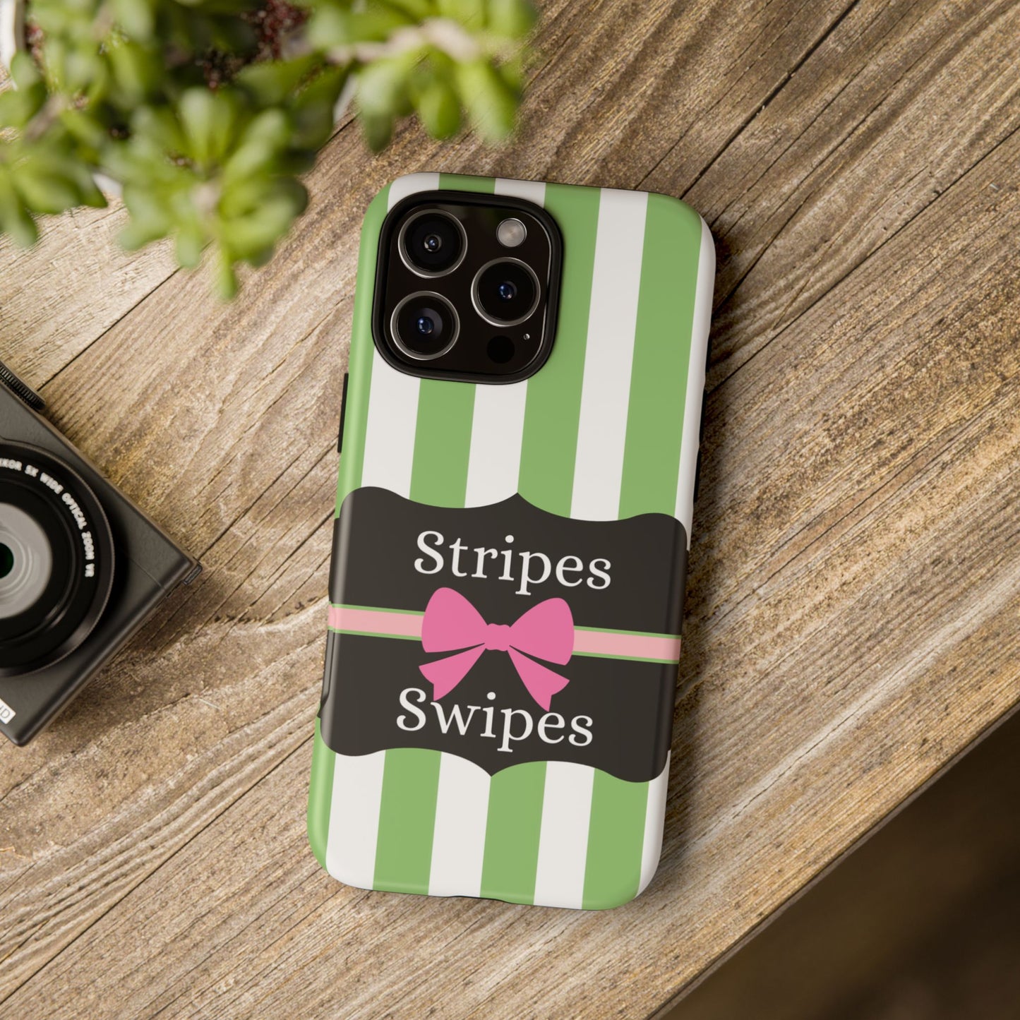 Phone Case iPhone 16/15/14 - Green/White Stripes & Swipes Tough Case