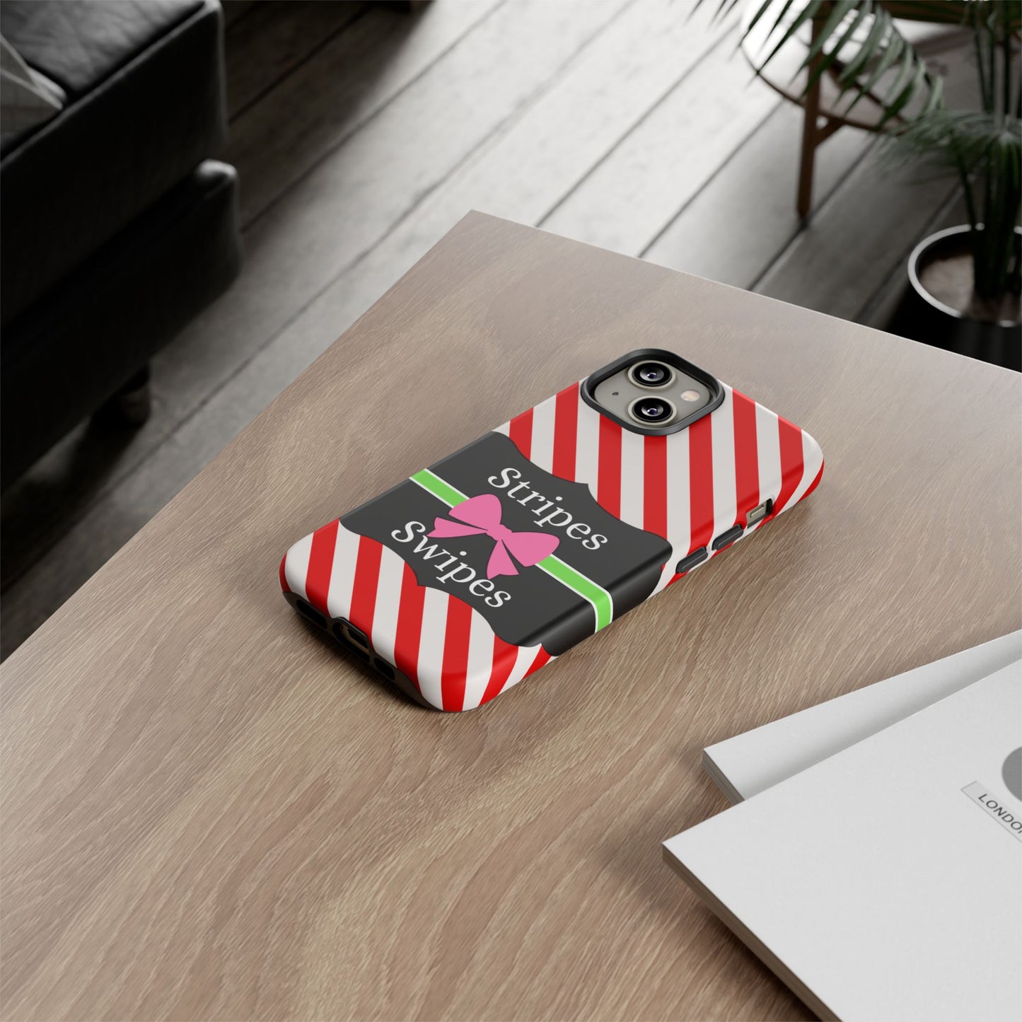 Phone Case iPhone 16/15/14 - Diagonal Red/White Stripes & Swipes Tough Case