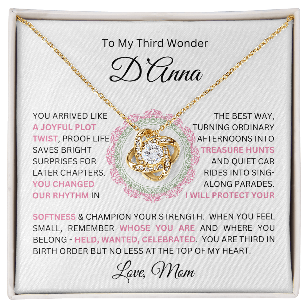 To My Daughter(s) — Beautiful Love Knot Necklace & PERSONALIZED Heartwarming Message from Mom (Only, First-Born, Second, Third, Fourth, Fifth, or Twins)