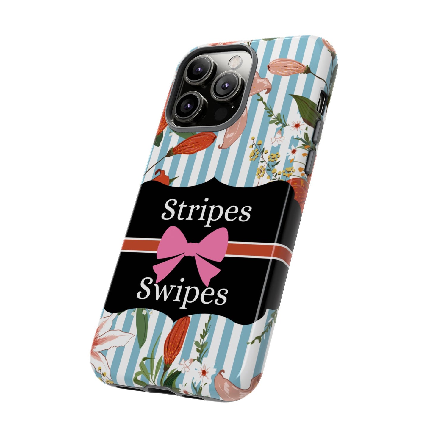 Phone Case iPhone 16/15/14 - Blue/White Flowers Stripes & Swipes Tough Case